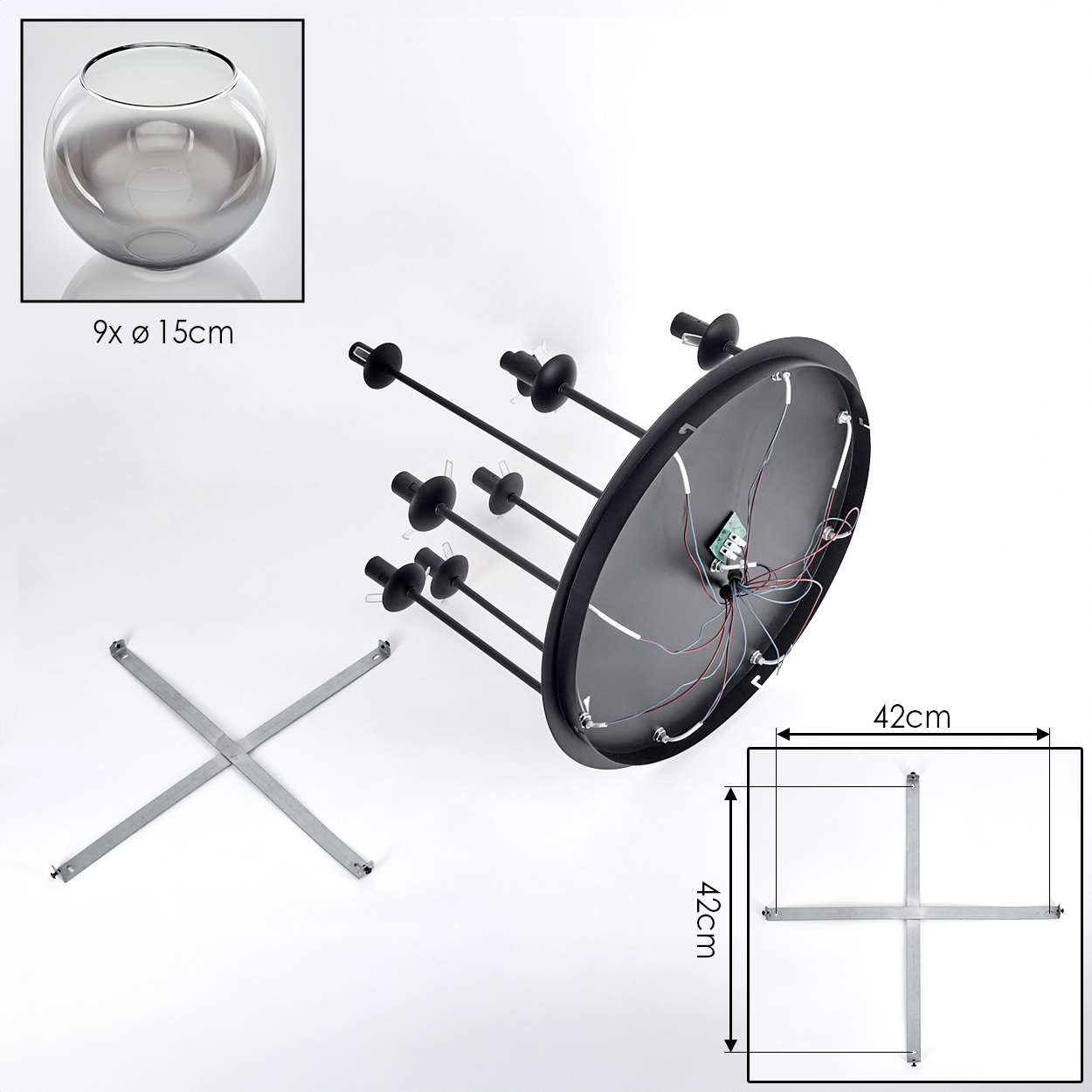 Zerlegte Lampe mit Glaskugel, schwarzem Rahmen, Metallsockel. Abmessungen sind angegeben. Drähte und elektronische Bauteile sind sichtbar.