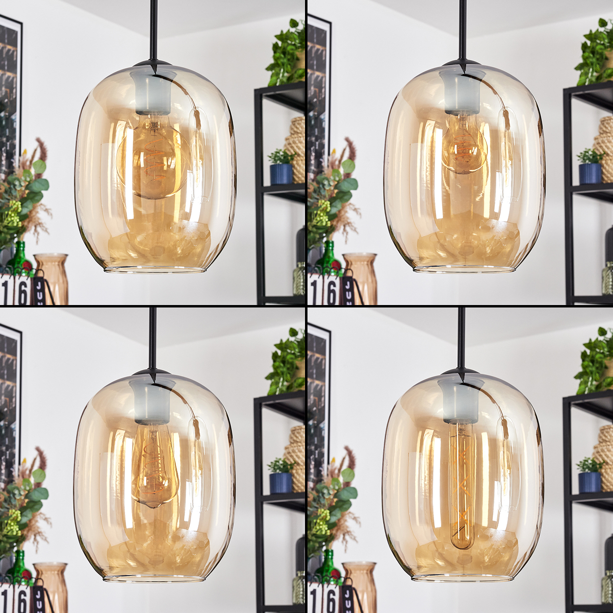 Vier bernsteinfarbene Pendelleuchten mit sichtbaren Glühbirnen. Schwarze Metallregale und Grünzeug im Hintergrund. Weiße Wand.