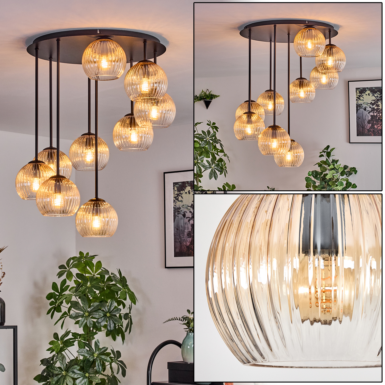 Eine moderne Deckenleuchte mit mehreren kugelförmigen Lichtern hängt von der Decke. Pflanzen und gerahmte Kunstwerke sind im Hintergrund.
