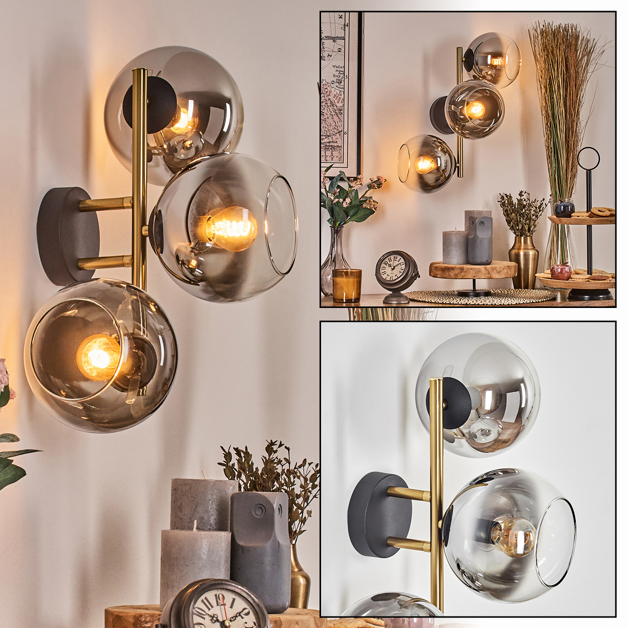 Eine Wandlampe mit drei Glaskugelschirmen. Die Lampe hat goldene Akzente und ist auf einer grauen Basis montiert. Hintergrund: Dekorelemente.