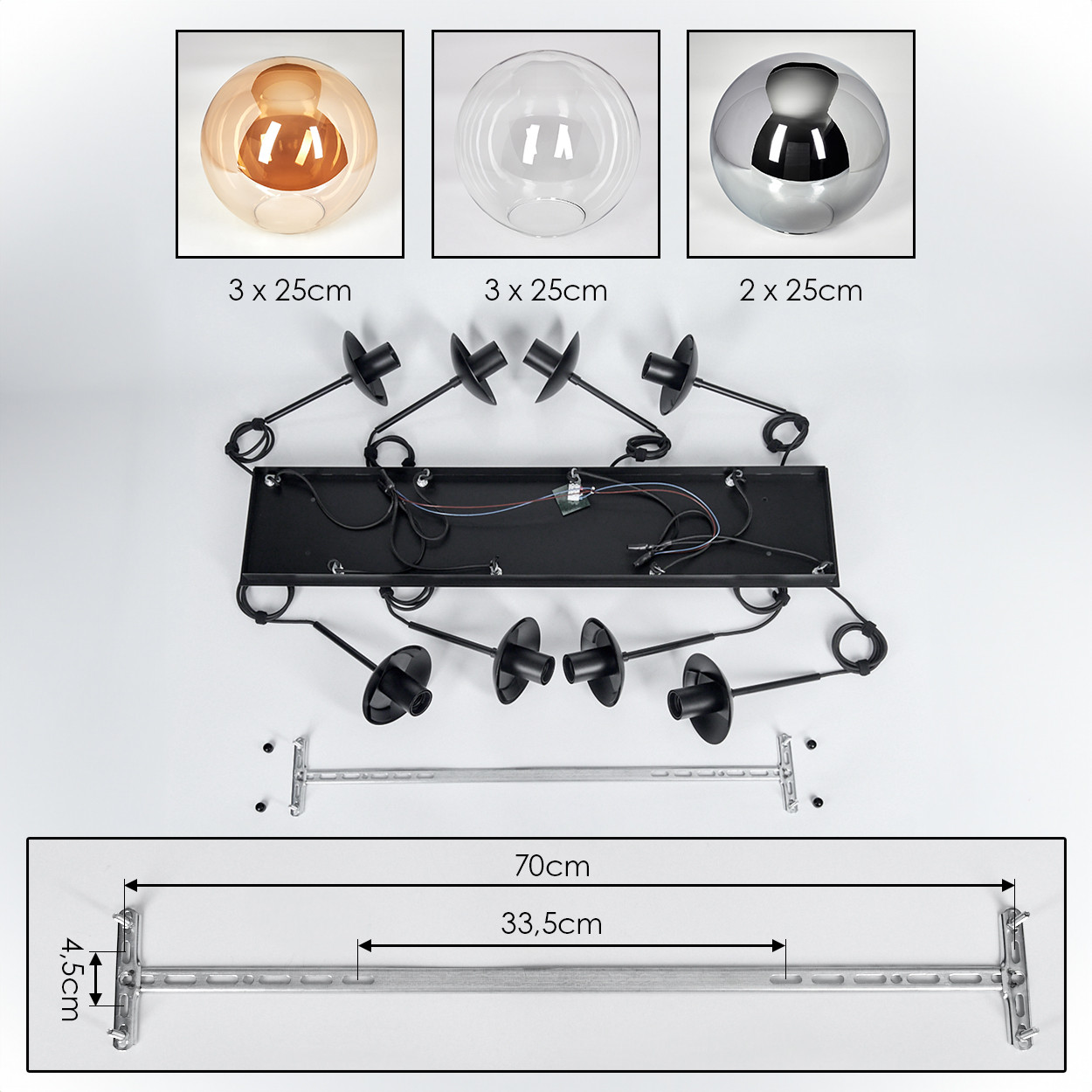 Hängeleuchte mit Glasschirmen, schwarzem Rahmen und Metallhalterung, mit Maßangaben in Zentimetern.