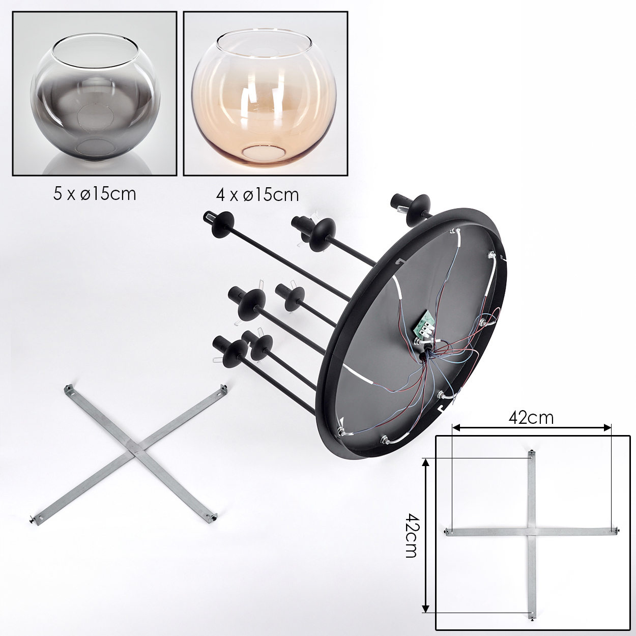 Das Bild zeigt Lampenkomponenten: Glasschalen, eine schwarze runde Basis, Metallstäbe und eine kreuzförmige Basis. Maße sind markiert.