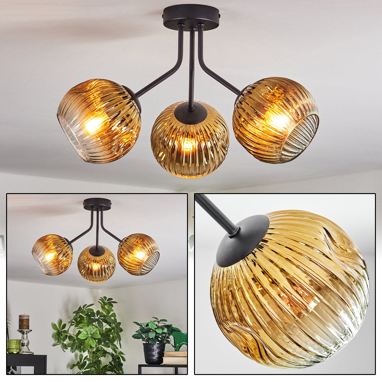 Eine moderne Deckenlampe mit drei bernsteinfarbenen Glaskugelschirmen. Die Leuchte ist schwarz und schlicht gestaltet. Der Hintergrund ist eine weiße Decke.