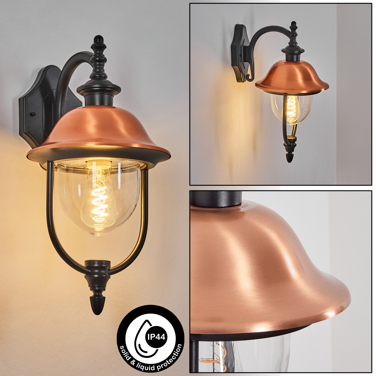 Eine kupfer-schwarze Wandleuchte mit Glaskugel, Glühbirne und IP44-Schutz.