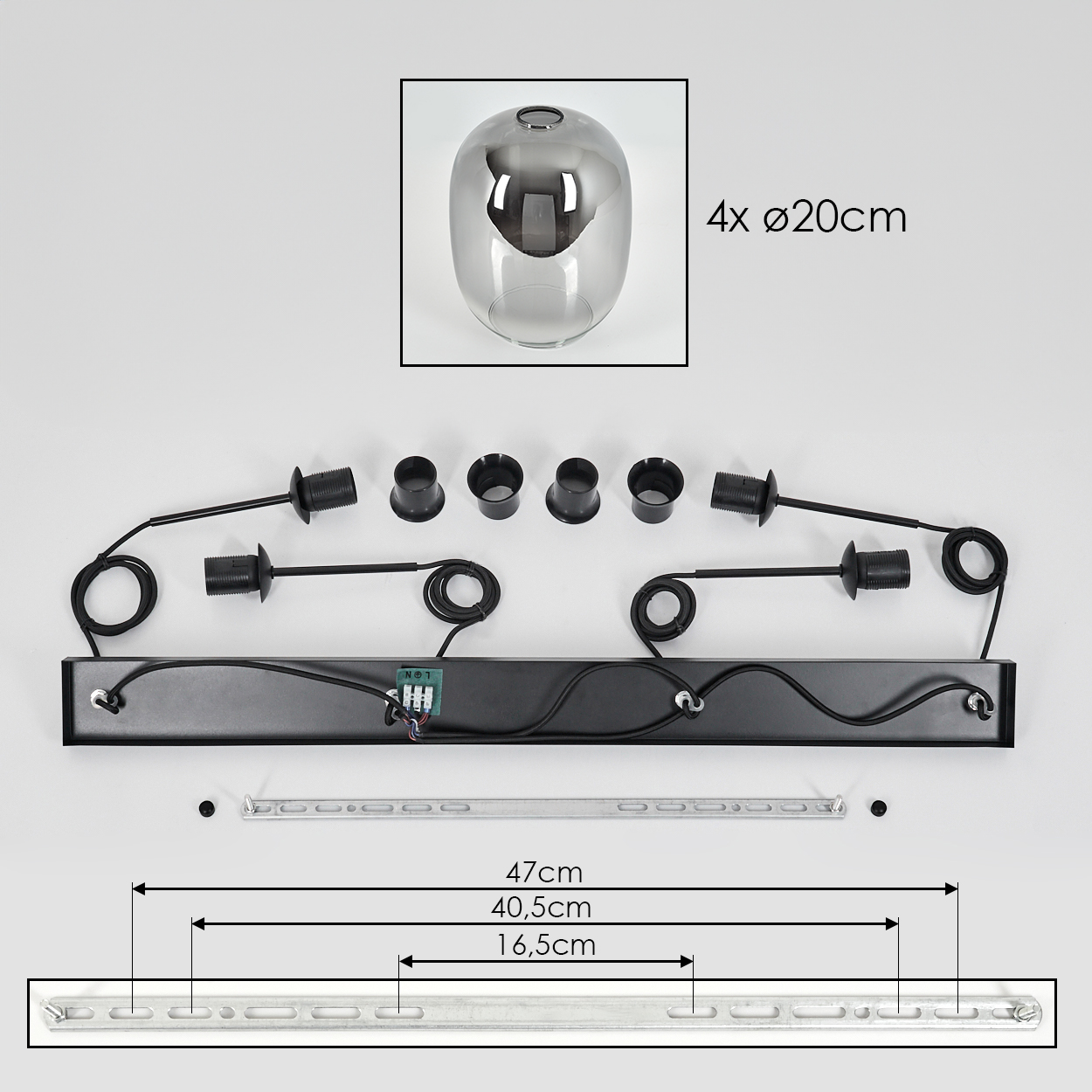 Zerlegte Komponenten einer modernen Leuchte auf weißem Hintergrund, einschließlich Glasschirm, schwarzer Kabel und Befestigungsmaterial.