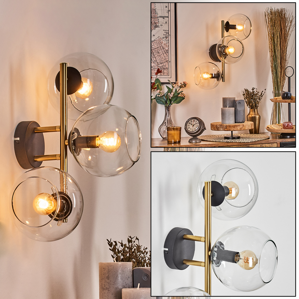 Eine Wandlampe mit drei Glaskugelschirmen. Der Raum hat einen Tisch mit Dekor, darunter Kerzen und eine Uhr.