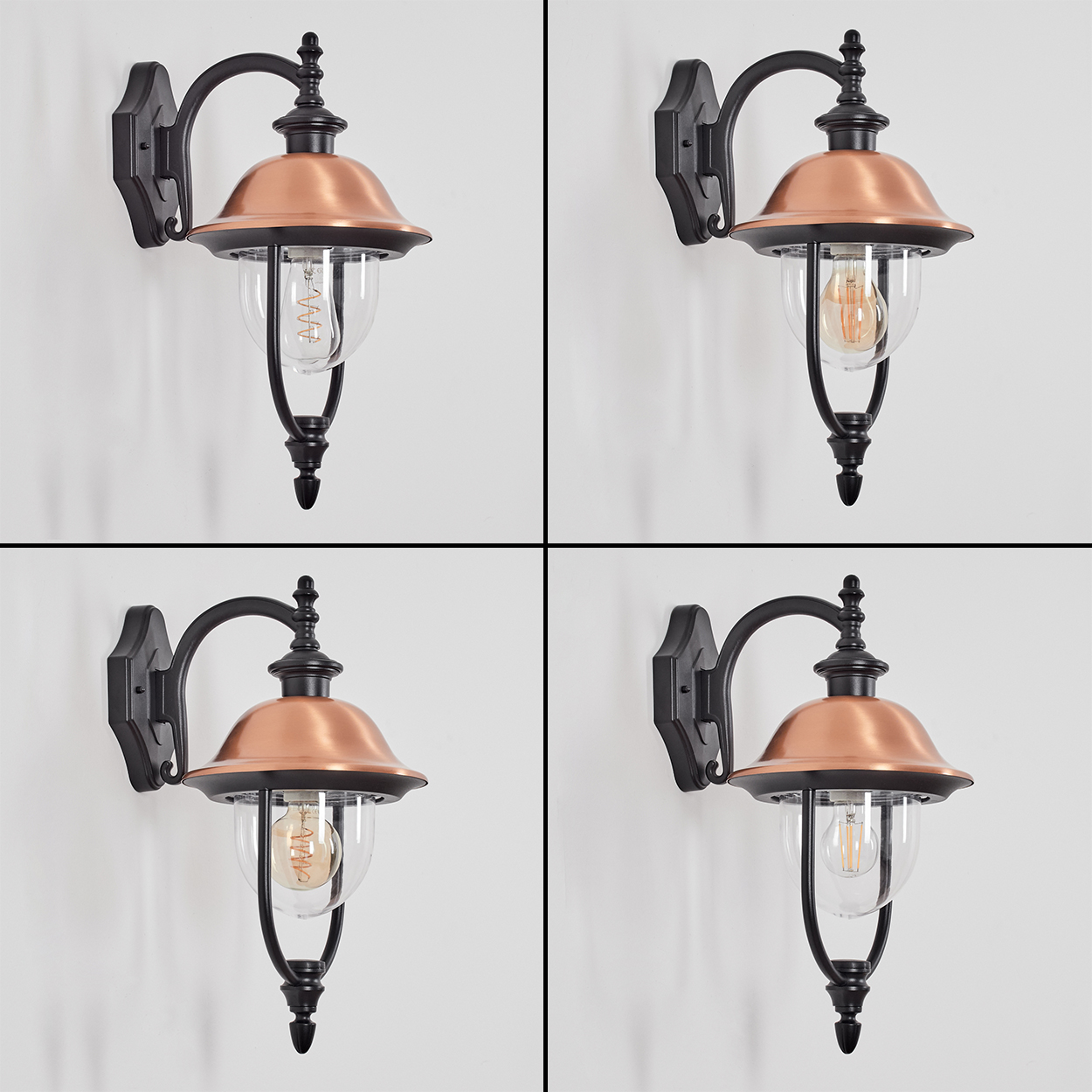 Vier kupferfarbene, schwarze Außenlampen an einer weißen Wand. Jede Lampe hat ein klares Glasgehäuse und eine dekorative Glühbirne.