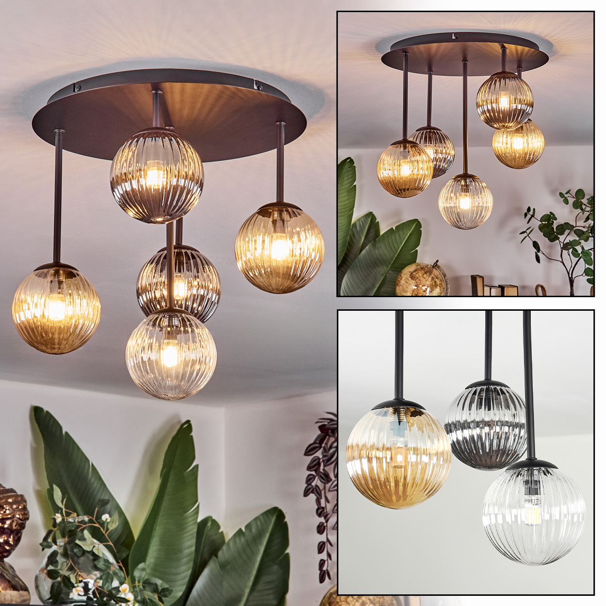Eine moderne Deckenleuchte mit mehreren kugelförmigen Glasschirmen, die von einer dunklen kreisförmigen Basis hängen. Einige sind beleuchtet.