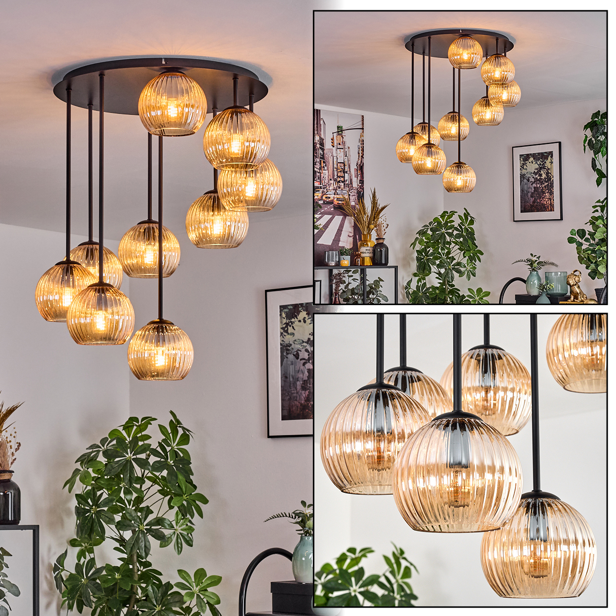 Eine moderne Deckenleuchte mit mehreren kugelförmigen Lichtern hängt von der Decke. Pflanzen und gerahmte Kunst schmücken den Raum.