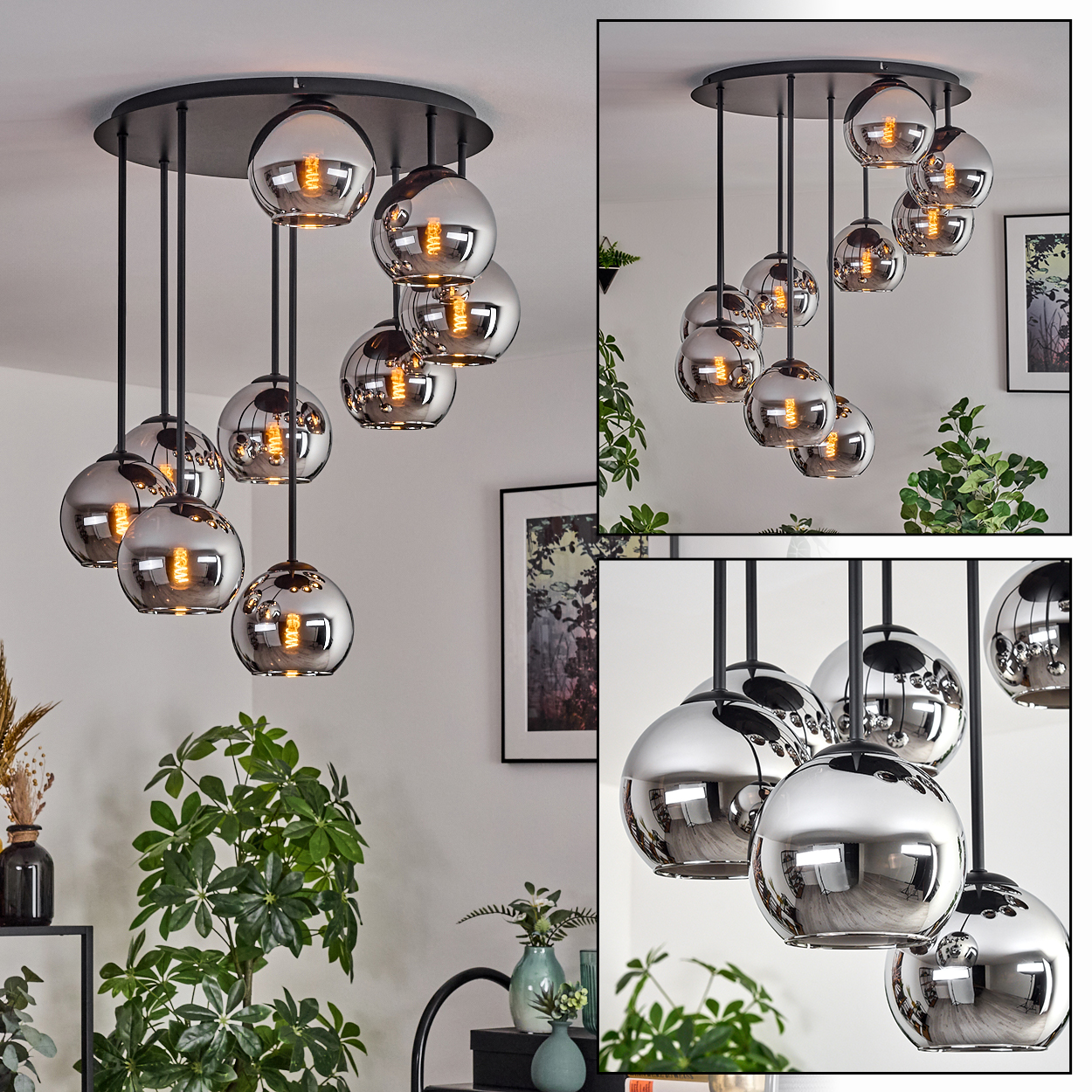 Eine moderne Deckenleuchte mit mehreren kugelförmigen, verspiegelten Glasschirmen, die von einer schwarzen Deckenhalterung hängen.