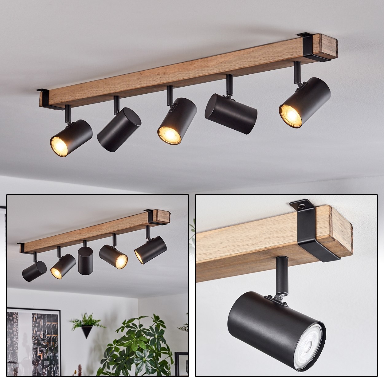 Eine Deckenleuchte mit sechs schwarzen Strahlern, die an einem Holzbalken befestigt sind. Die Lichter sind an und beleuchten den Raum.