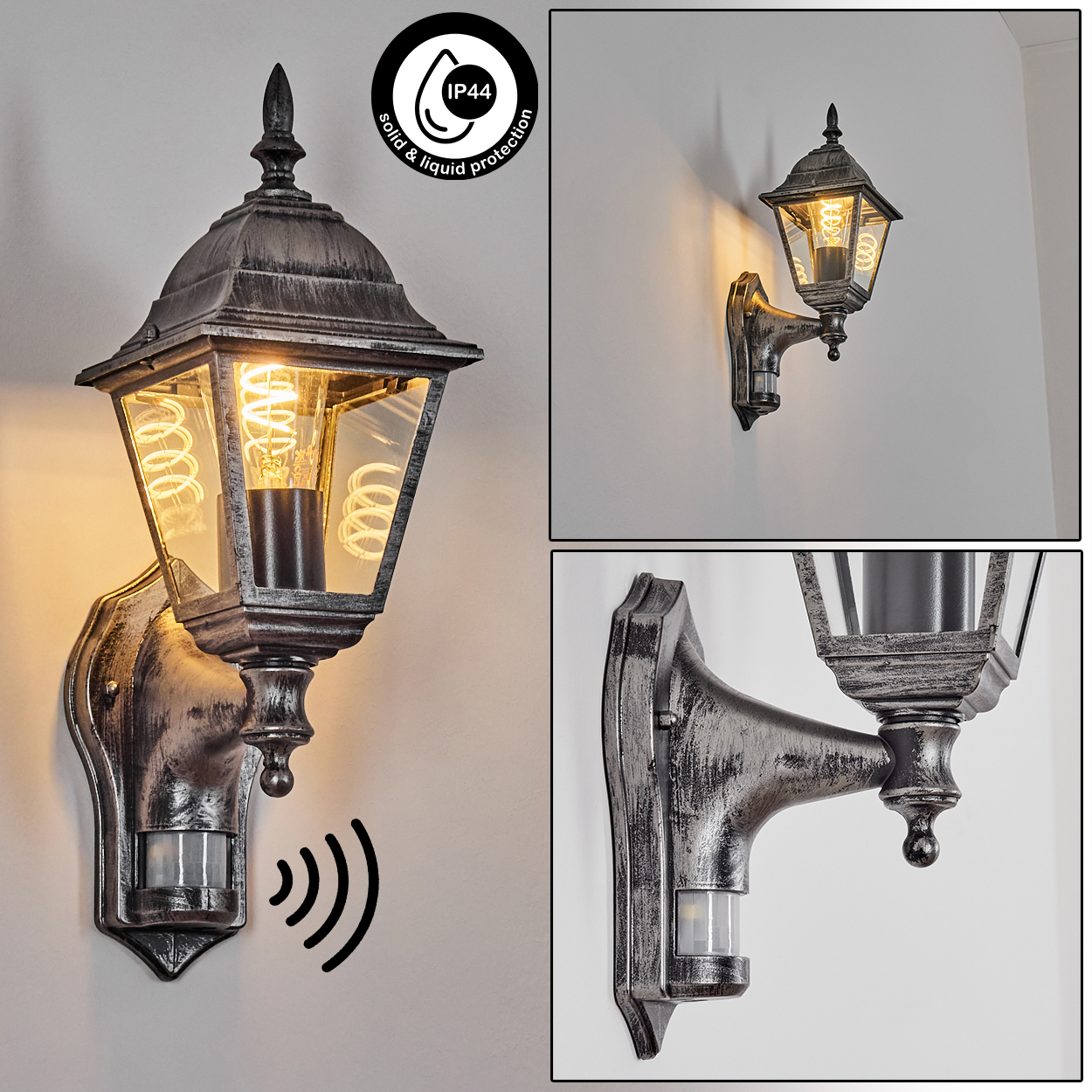 Außenwandleuchte mit Bewegungssensor, IP44-Schutz. Vintage-Design, klare Glasscheiben, Edison-Glühbirne. An weißer Wand montiert.