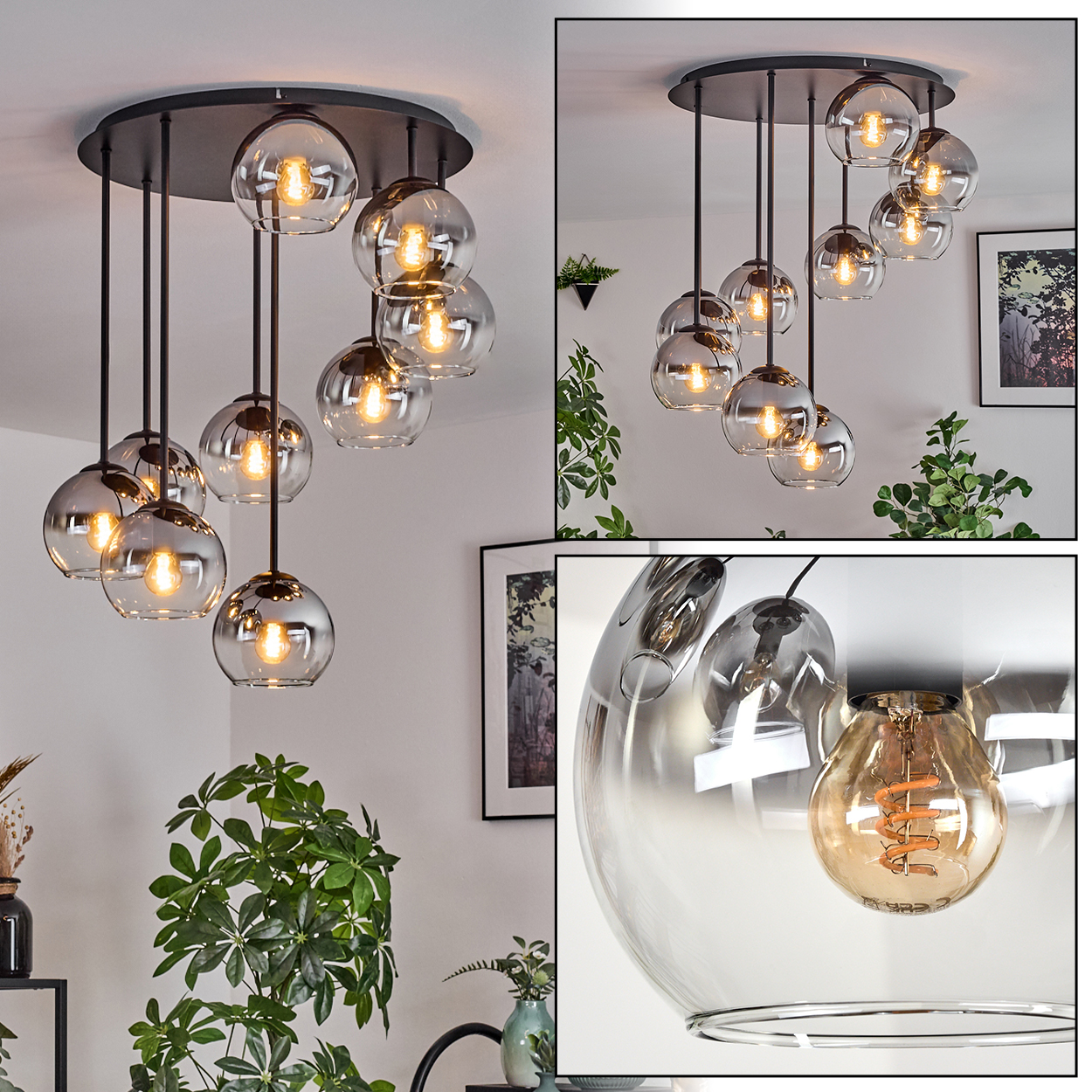 Eine moderne Deckenleuchte mit mehreren Glaskugelleuchten. Die Szene zeigt die Lichter vor einer weißen Wand mit Pflanzen und Kunstwerken.