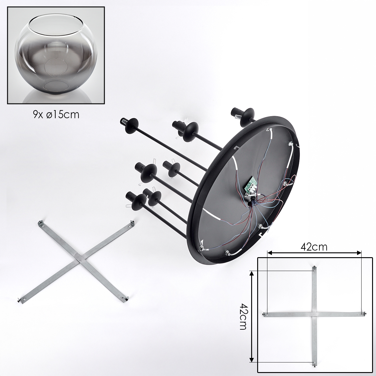 Zerlegte schwarze Lampe mit Glasschale und Metallbasis. Abmessungen sind angegeben, Basis ist 42cm Quadrat.