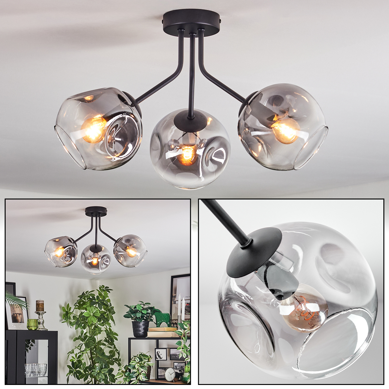 Eine moderne Deckenlampe mit drei rauchfarbenen Glasschirmen, jede mit einer warmen Glühbirne, an schwarzen Armen befestigt.