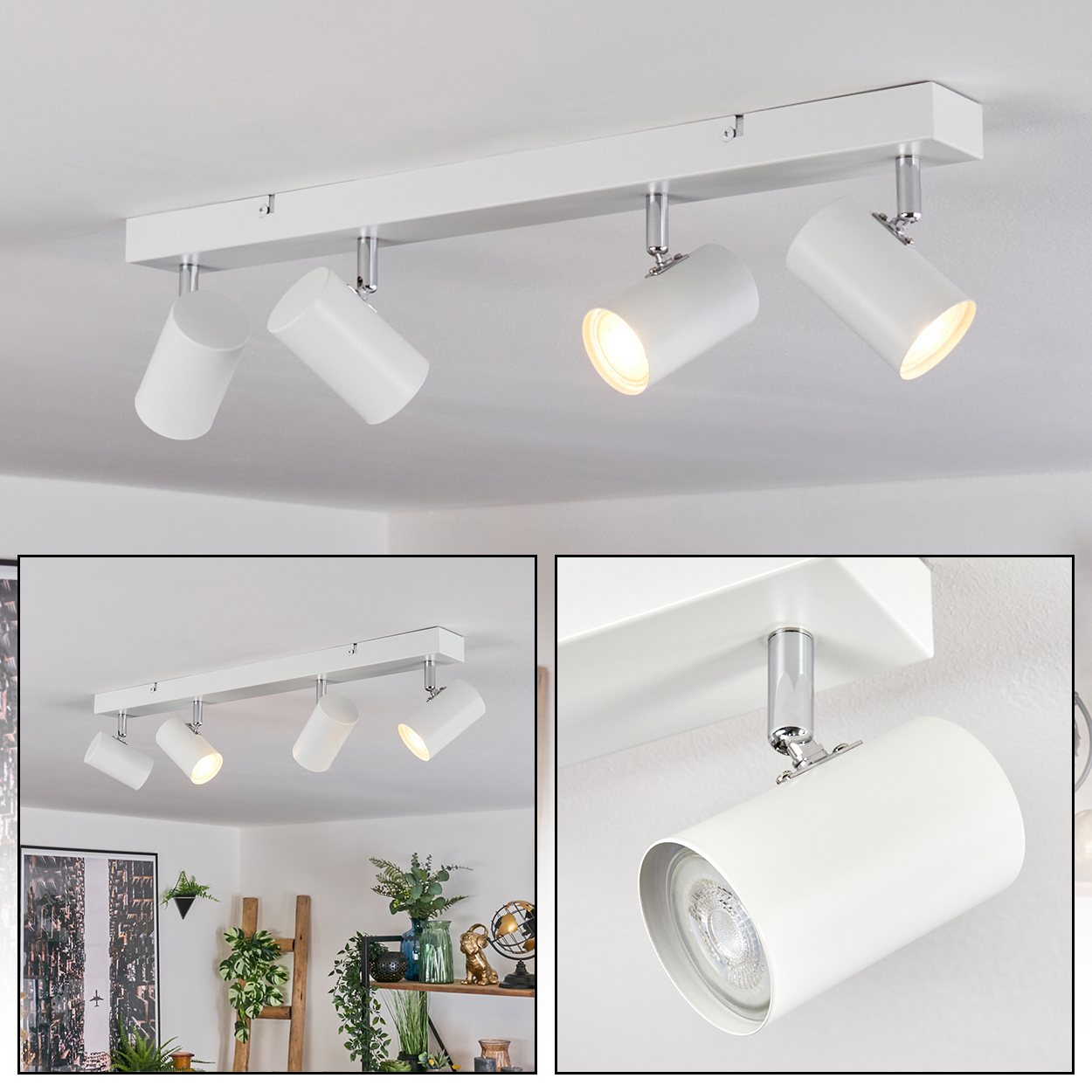 Weißer Deckenstrahler mit vier verstellbaren Lichtern. Einige Lichter sind an und beleuchten die Szene. Sauberes, modernes Design.