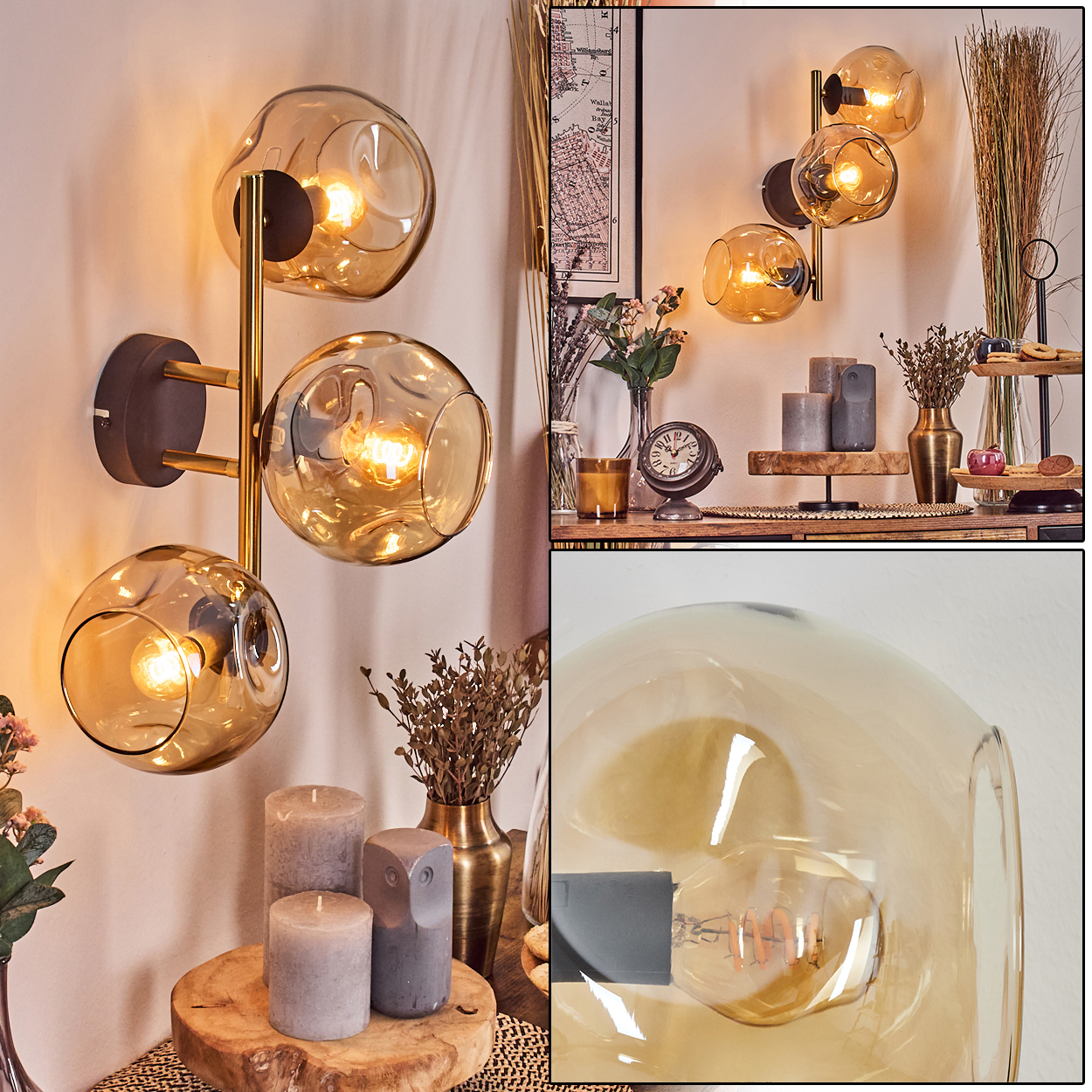 Eine Wandlampe mit drei Glaskugeln. Kerzen, Vasen und eine Uhr stehen auf dem Tisch. Der Hintergrund hat eine Karte.