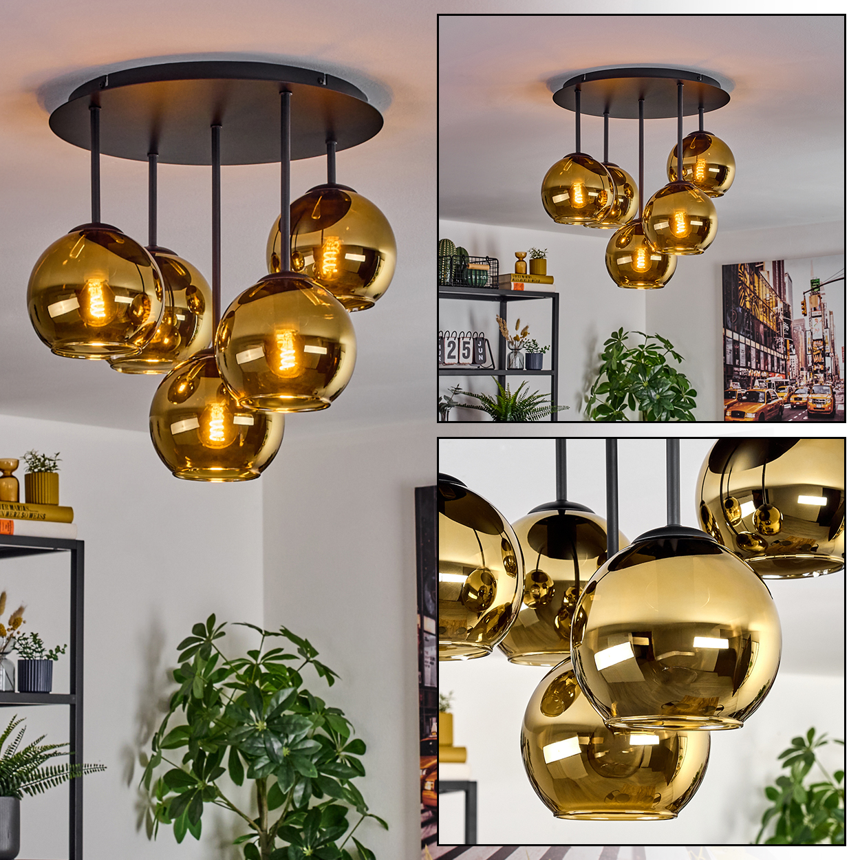 Eine moderne Deckenleuchte mit sechs goldenen Kugeln, schwarzen Stäben und einem kreisförmigen Sockel. Im Hintergrund ein Raum mit Pflanzen und einem Gemälde.