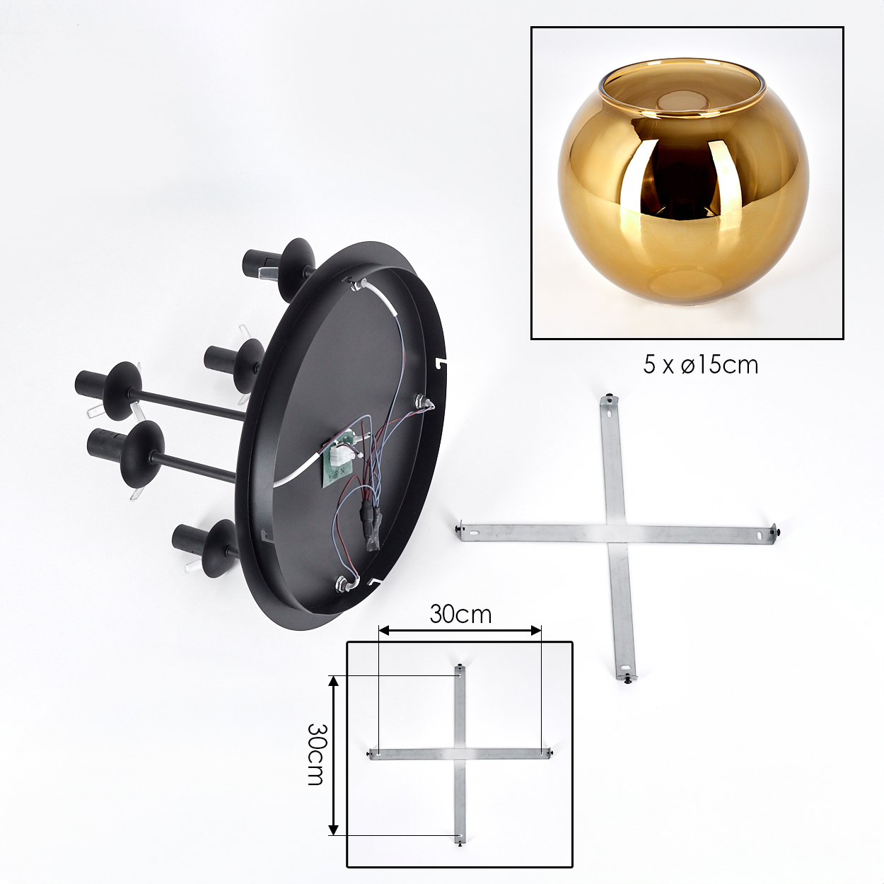 Zerlegter schwarzer Kronleuchter mit goldener Glasschale, Metallkreuz und angegebenen Abmessungen. Weißer Hintergrund.