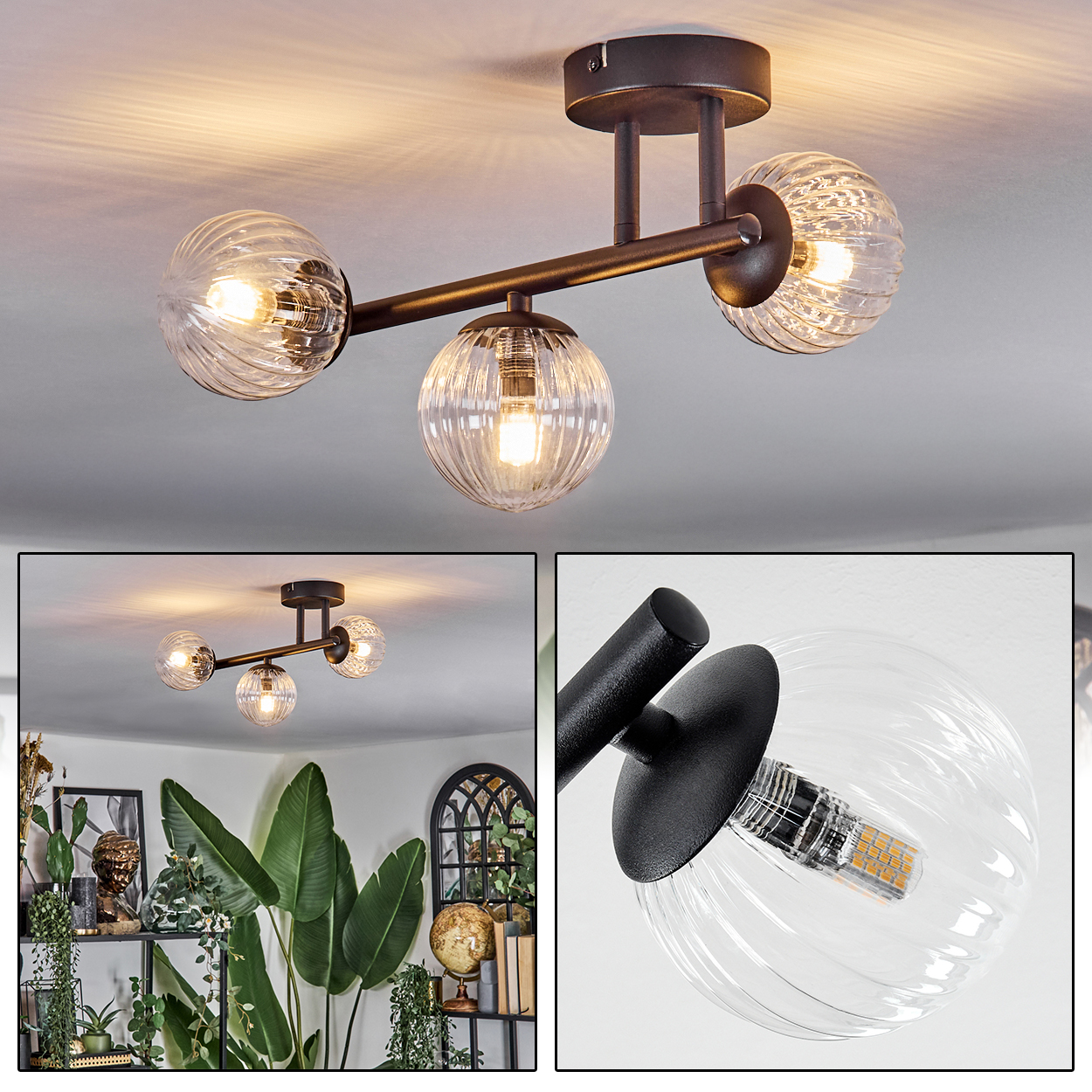 Eine moderne Deckenleuchte mit drei Glasschirmen. Die Leuchte ist schwarz und an einer weißen Decke montiert. Das Licht ist an.