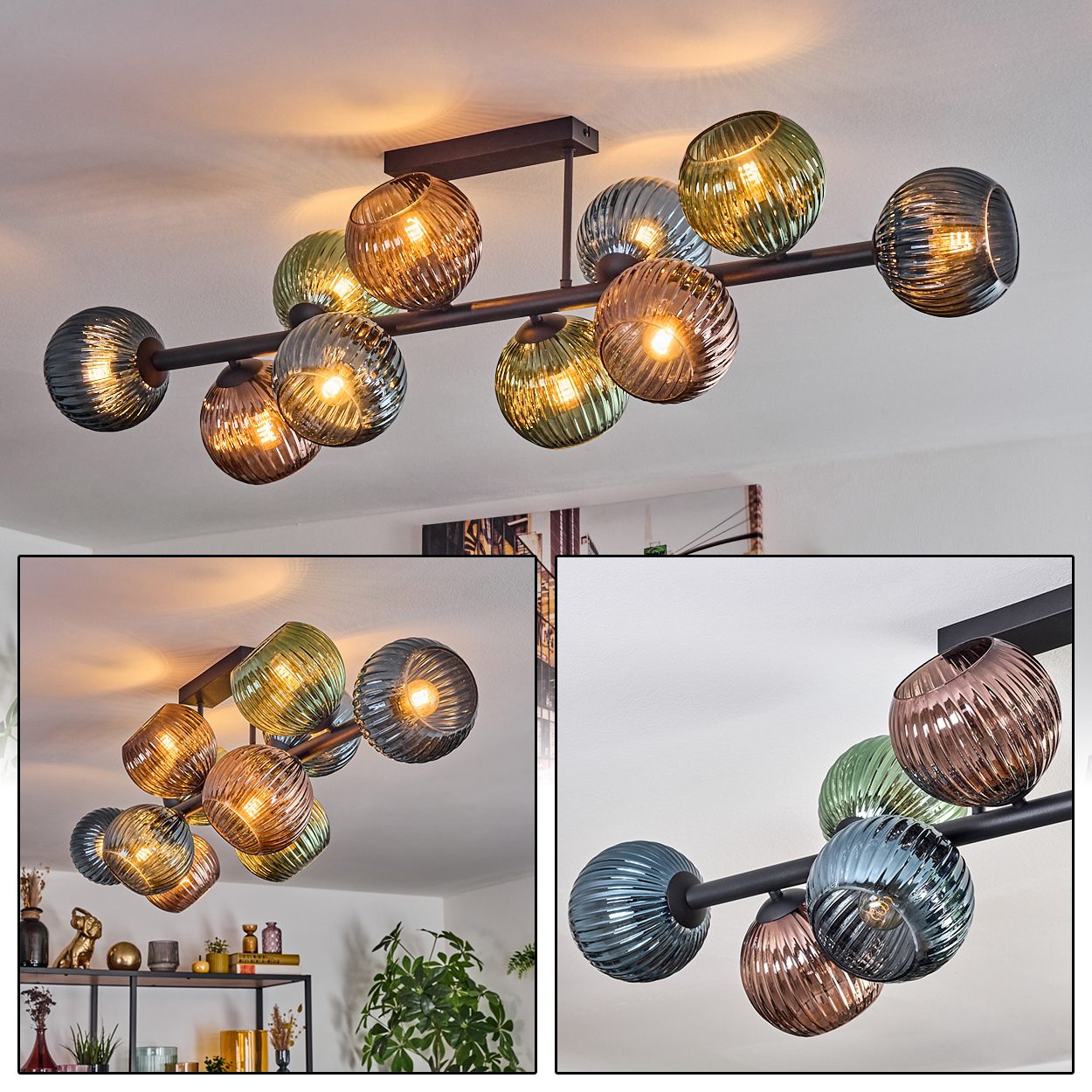 Eine moderne Deckenleuchte mit mehreren Glaskugelschirmen in verschiedenen Farben. Die Leuchte hat einen schwarzen Metallrahmen.