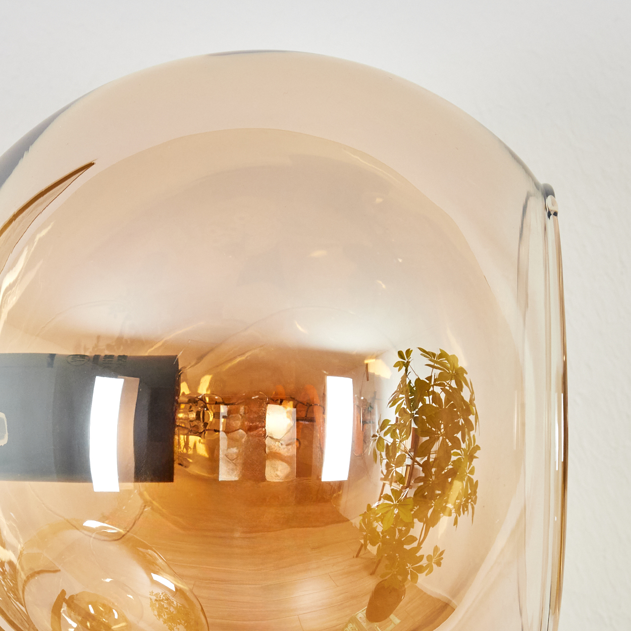 Nahaufnahme einer Glasleuchte mit reflektierendem Innenraum. Im Glas ist ein Raum mit Pflanzen und Lichtern zu sehen.