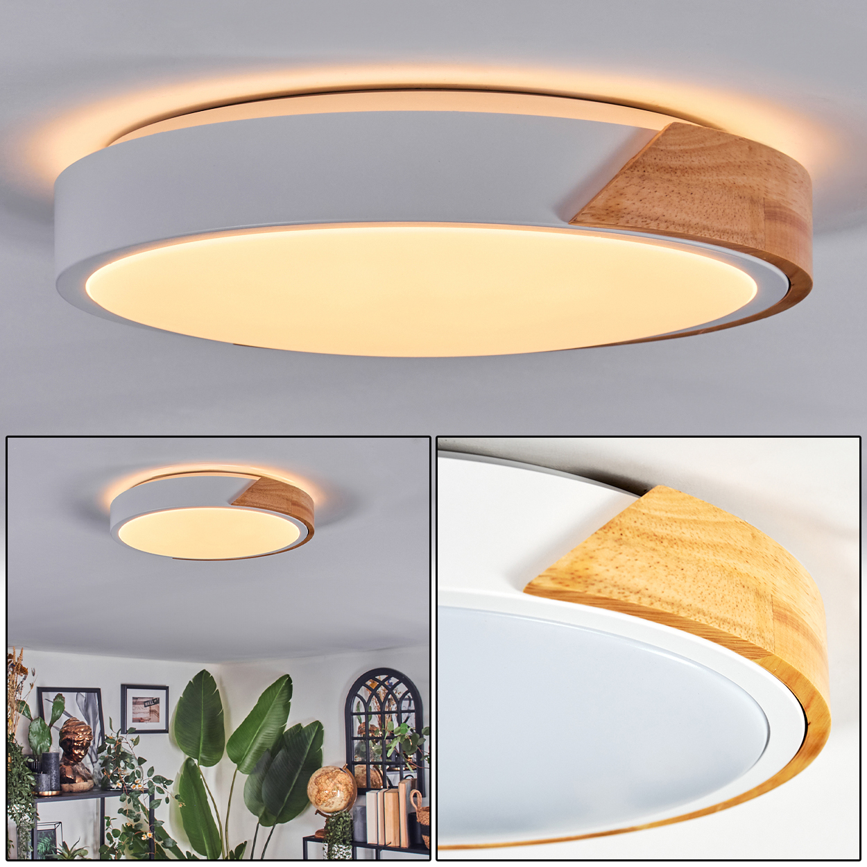 Eine moderne Deckenleuchte mit weißem und Holzdesign. Rund mit zentraler Lichtquelle und Holzakzenten.