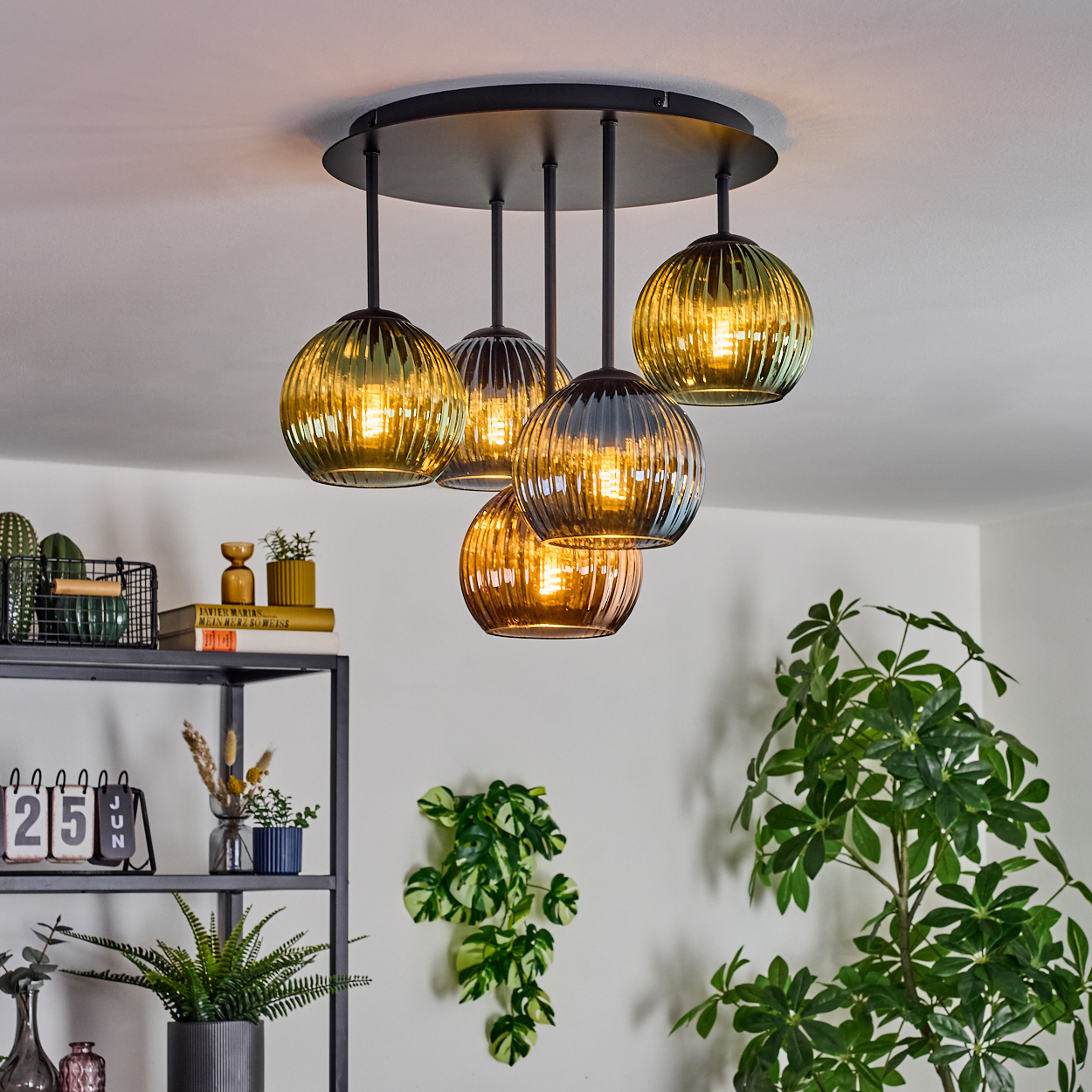 Eine moderne Deckenleuchte mit fünf Glaskugeln hängt von der Decke. Ein Bücherregal und Pflanzen sind im Hintergrund.