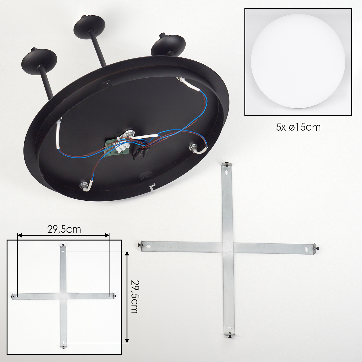 Zerlegte schwarze Deckenleuchte mit drei Armen. Enthält einen weißen Diffusor, Montagematerial und Abmessungen.