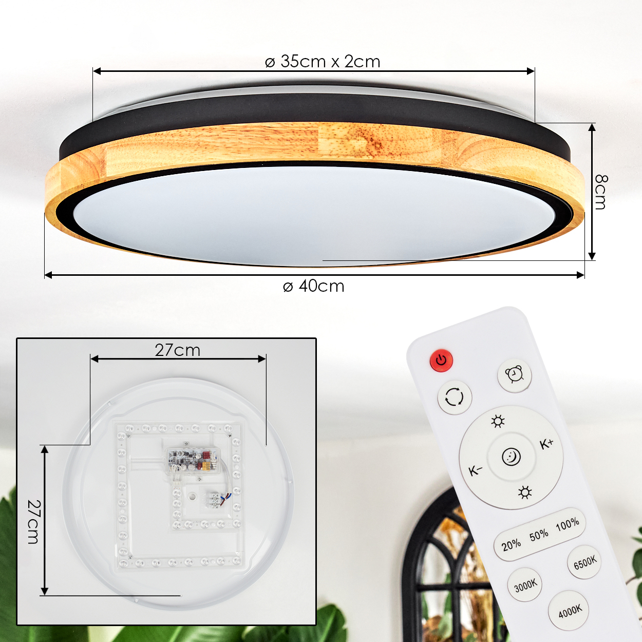 Eine Deckenleuchte mit Holz- und schwarzem Dekor. Daneben eine Fernbedienung. Außerdem wird ein quadratisches Licht mit LEDs gezeigt.
