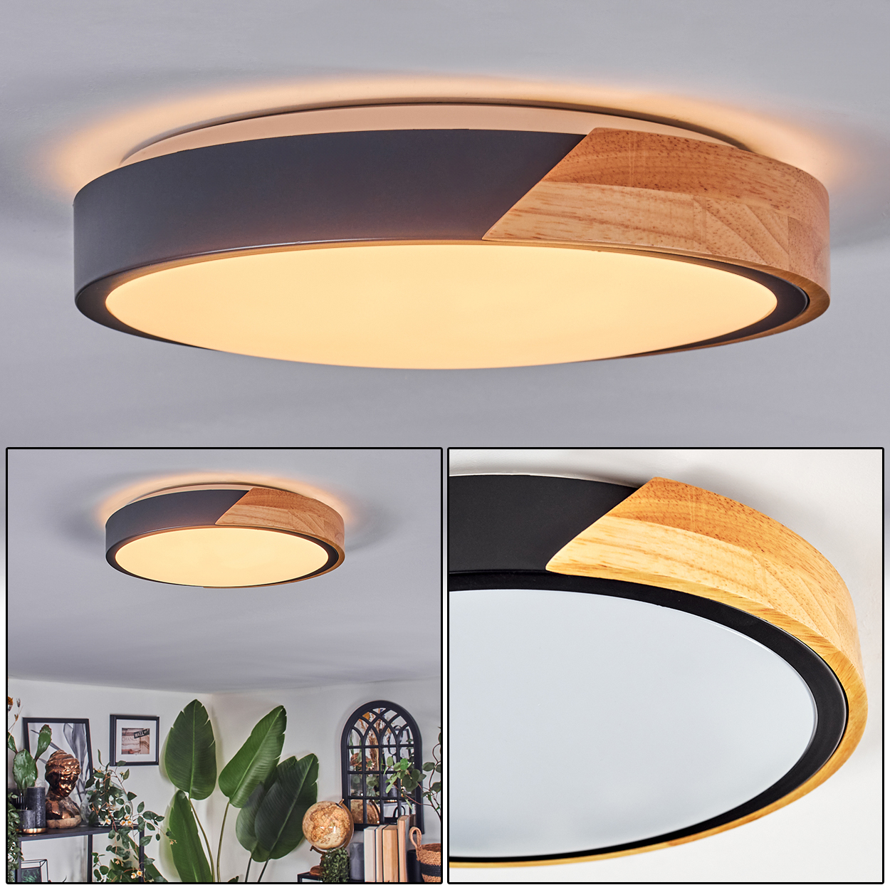 Eine moderne Deckenlampe mit Holz- und schwarzen Akzenten. Die Lampe ist kreisförmig mit hellem Licht und an einer weißen Decke montiert.