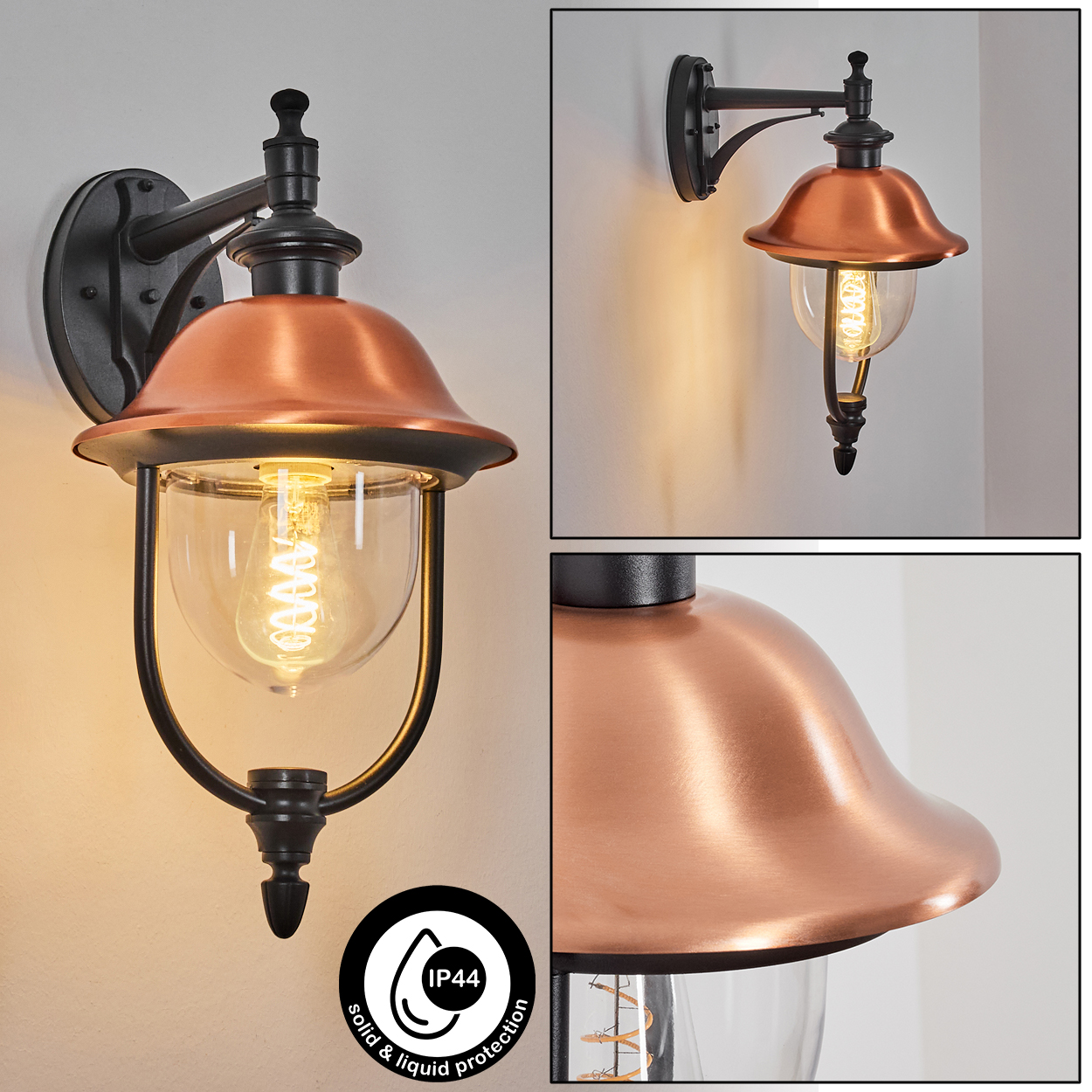 Wandaußenlampe mit kupferfarbenem Schirm, Glaskugel und schwarzem Rahmen. Die Lampe ist an einer Wand montiert.