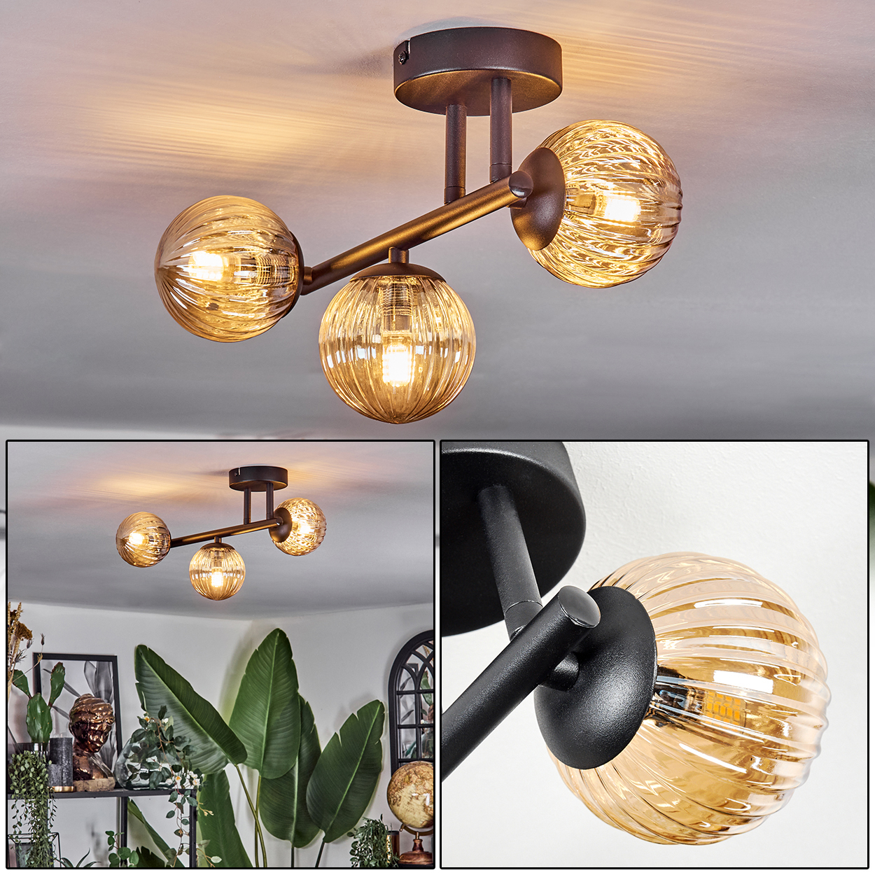 Eine moderne Deckenlampe mit drei bernsteinfarbenen, gerippten Glaskugeln. Die Leuchte hat ein dunkles Metallfinish und ist an einer weißen Decke montiert.