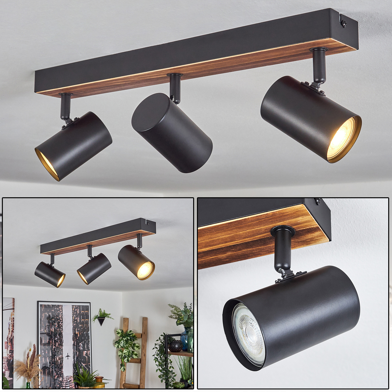 Eine moderne Deckenleuchte mit drei schwarzen Strahlern auf einem Holz- und schwarzen Metallrahmen.