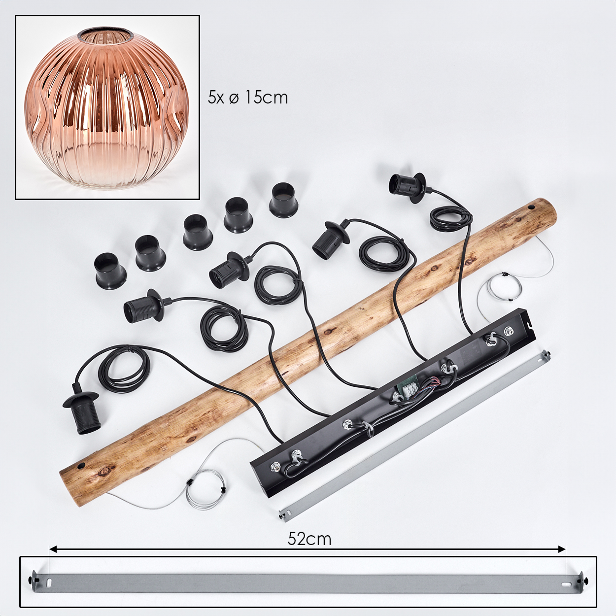 Zerlegte Lampenaufbau. Enthält Glasschirm, Holzbalken, schwarze Lampenfassungen, elektronische Komponenten und eine Metallhalterung.