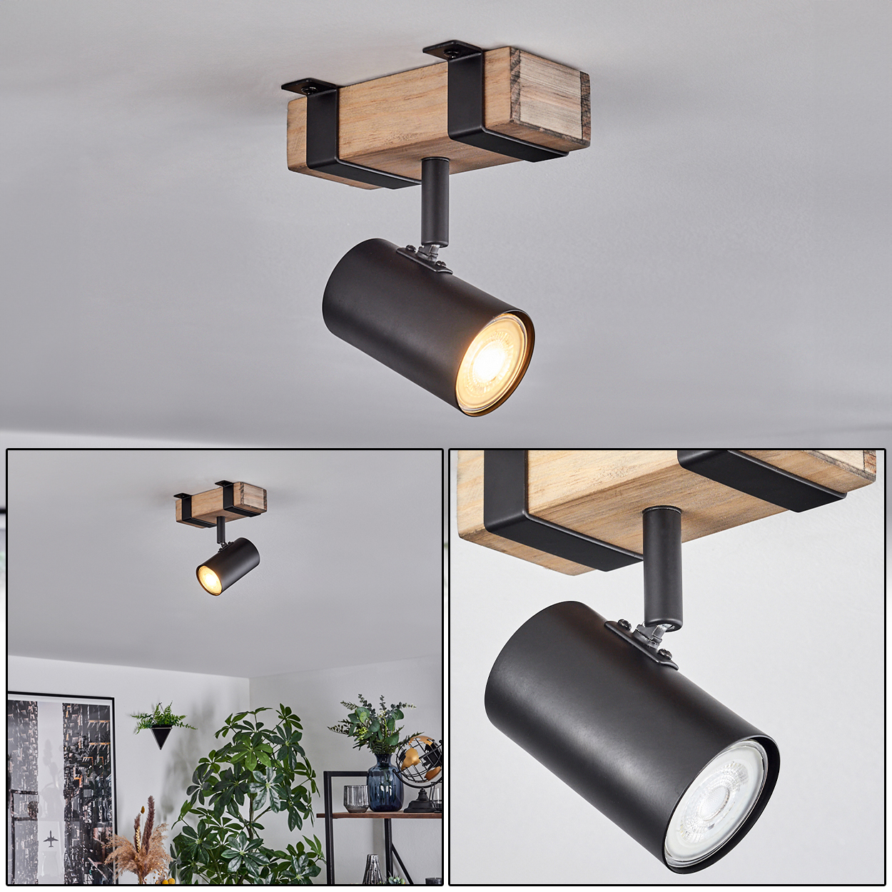 Ein moderner Deckenstrahler mit einem schwarzen zylindrischen Licht und einer Holzträgerbasis. Das Licht ist an und strahlt warm.
