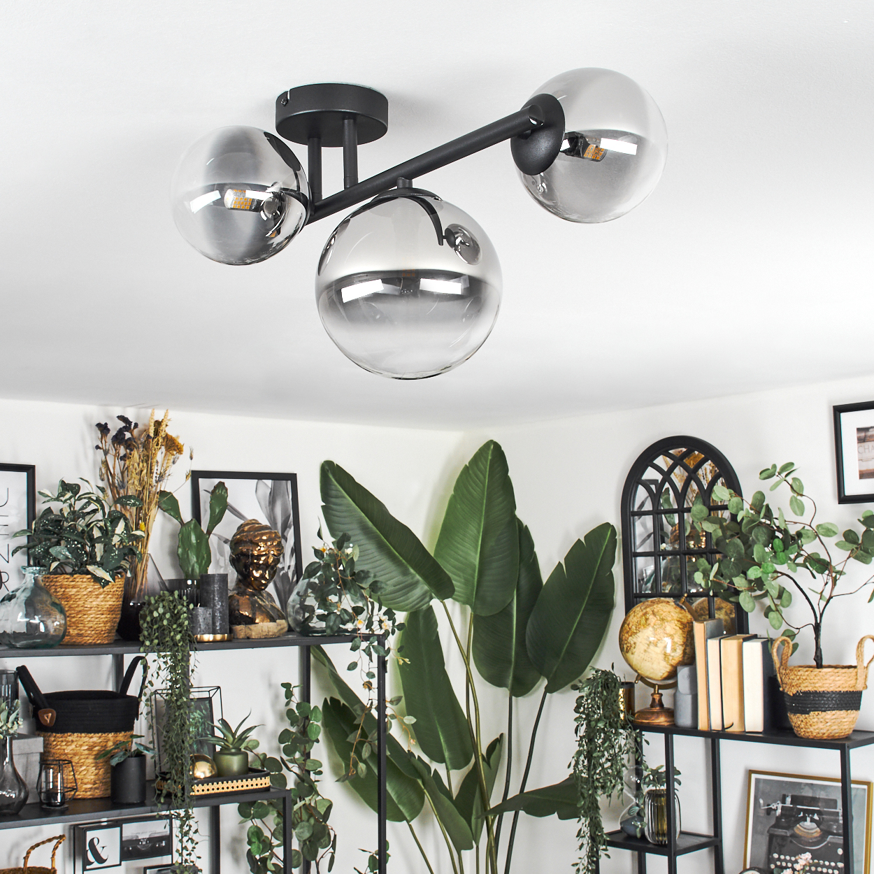Modernes Wohnzimmer mit schwarzer Deckenlampe und Glaskugeln. Regale mit Pflanzen, Bildern und Dekoration vor weißer Wand.