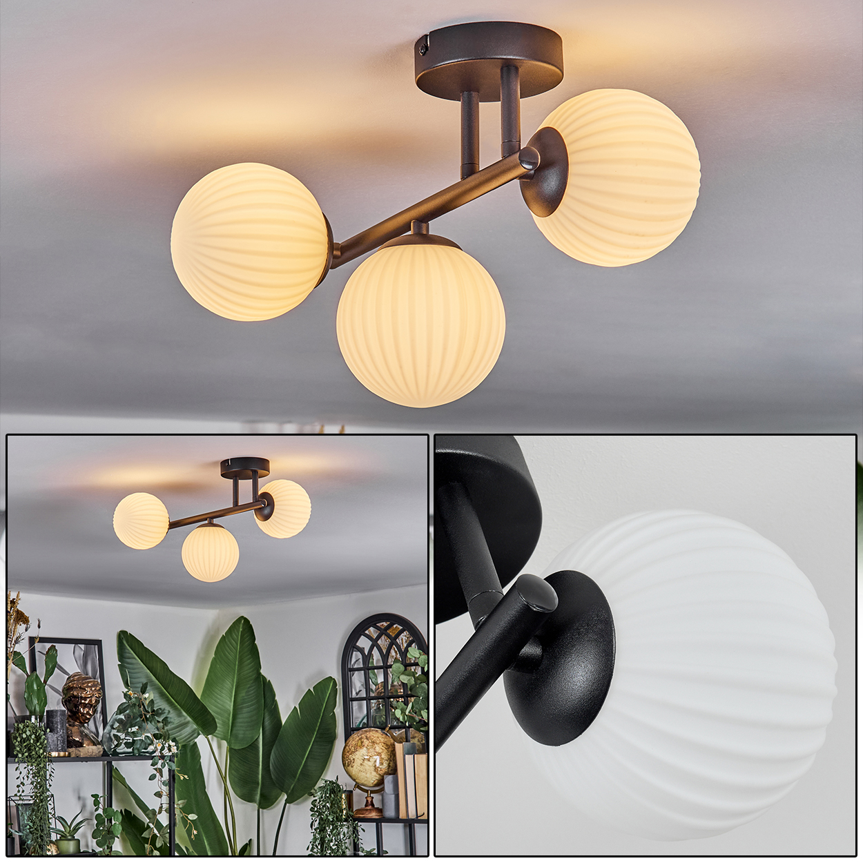 Eine moderne Deckenlampe mit drei kugelförmigen, gerippten Glasschirmen. Die Leuchte ist schwarz und an einer weißen Decke montiert.