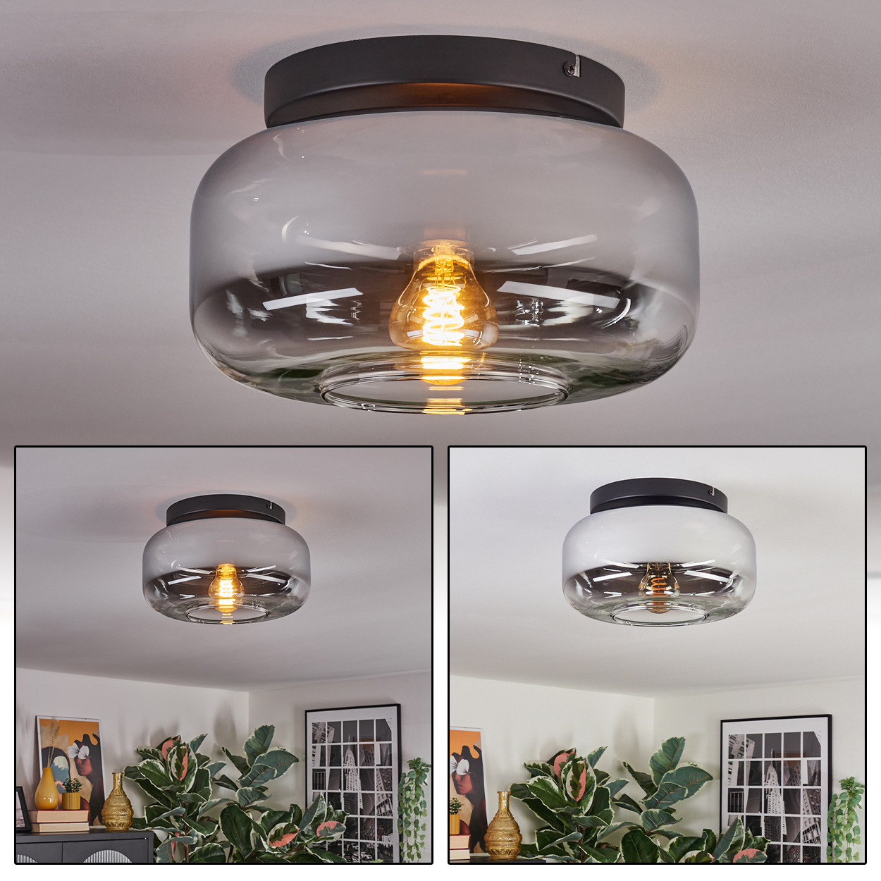 Eine moderne Deckenlampe mit rauchfarbenem Glasschirm und sichtbarer, warmer Glühbirne. Im Hintergrund ein Raum mit Pflanzen und Kunst.