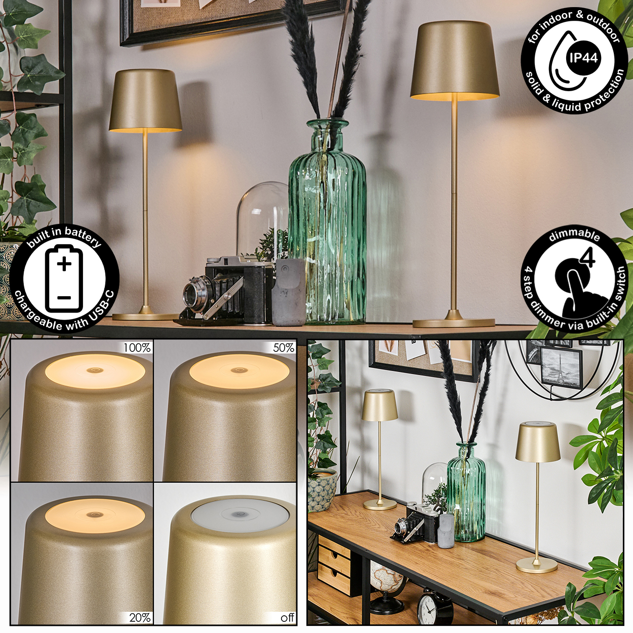 Eine goldene Tischlampe steht auf einem Holzregal neben einer grünen Vase, einer Kamera und einem Batteriesymbol.