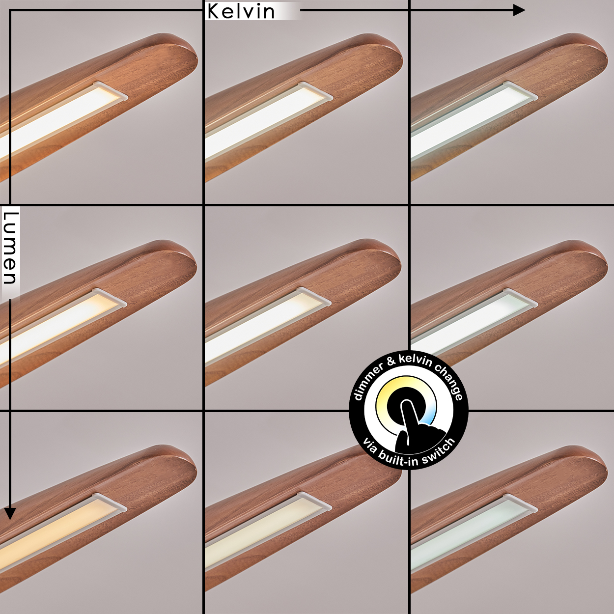 Neun Bilder einer Holzlampe mit einstellbarer Lichtfarbe und Helligkeit über einen eingebauten Schalter. Verschiedene Lichtstärken werden gezeigt.
