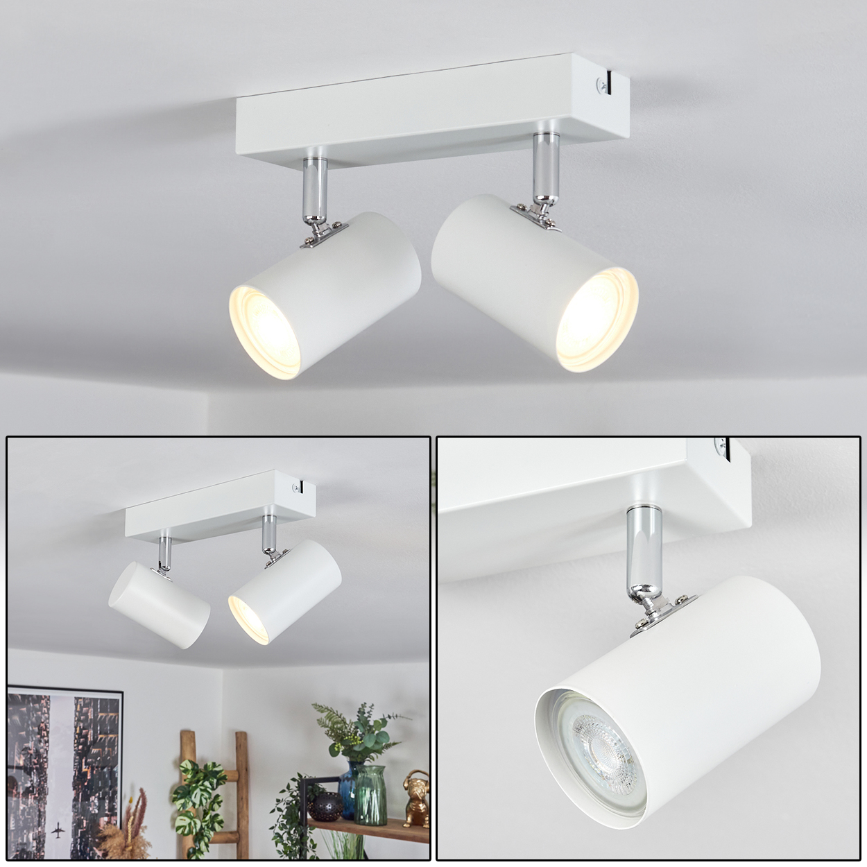 Ein weißer Deckenstrahler mit zwei verstellbaren Köpfen. Die Köpfe sind zylindrisch, und das Licht ist an. Der Hintergrund ist eine weiße Decke.