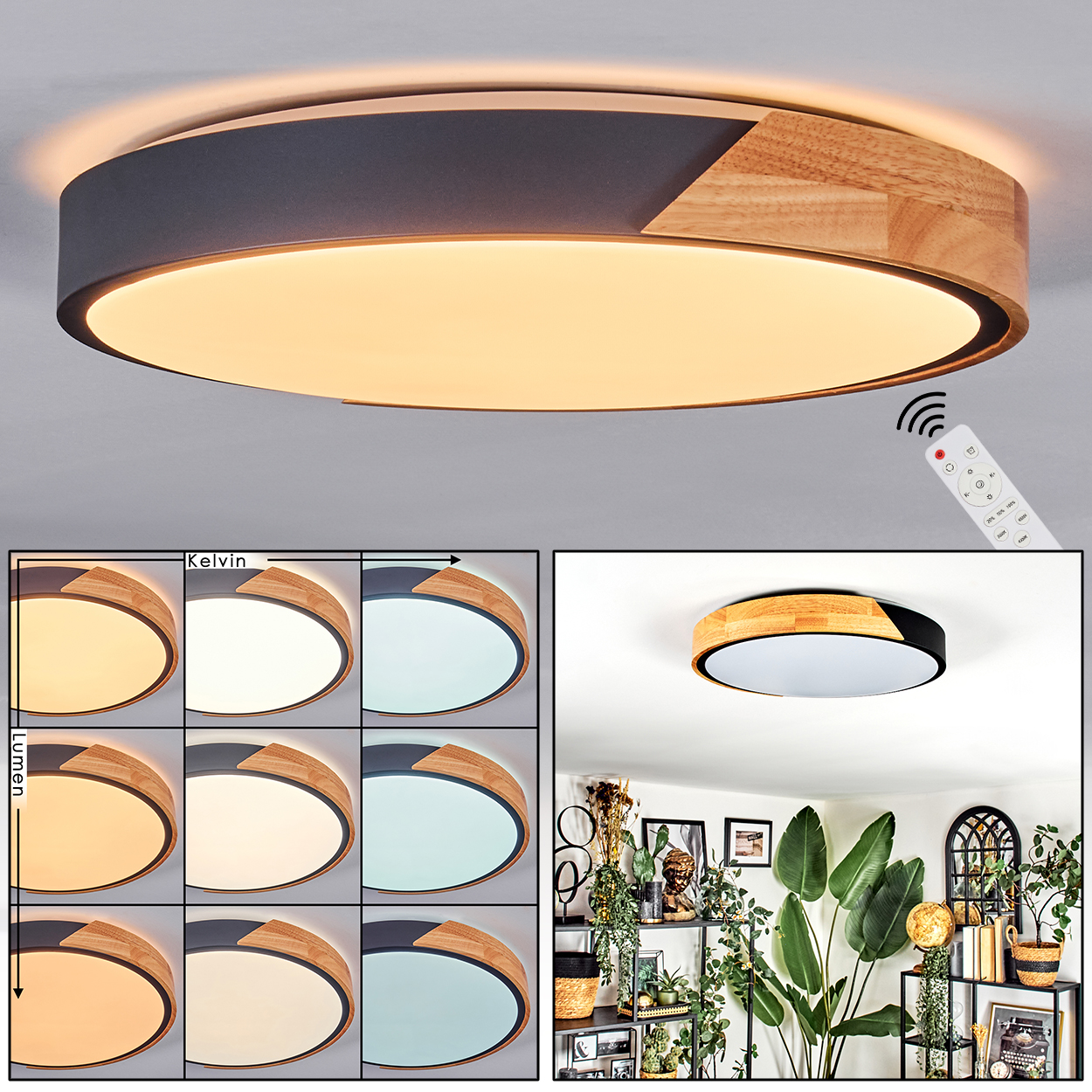 Eine moderne Deckenlampe mit Holz- und dunkelgrauen Akzenten. Sie hat eine Fernbedienung und wird mit verschiedenen Lichteinstellungen gezeigt.