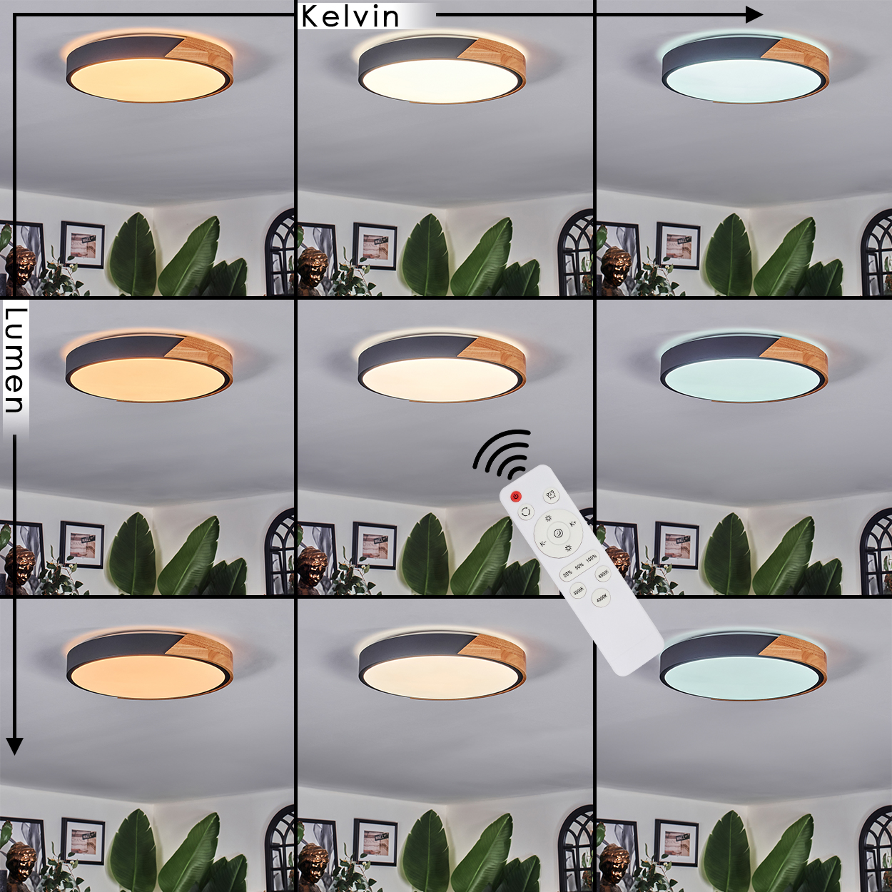 Das Bild zeigt eine Deckenlampe mit einstellbaren Lichtfarben. Eine Fernbedienung steuert die Lampe. Im Hintergrund sind Pflanzen und Bilder.