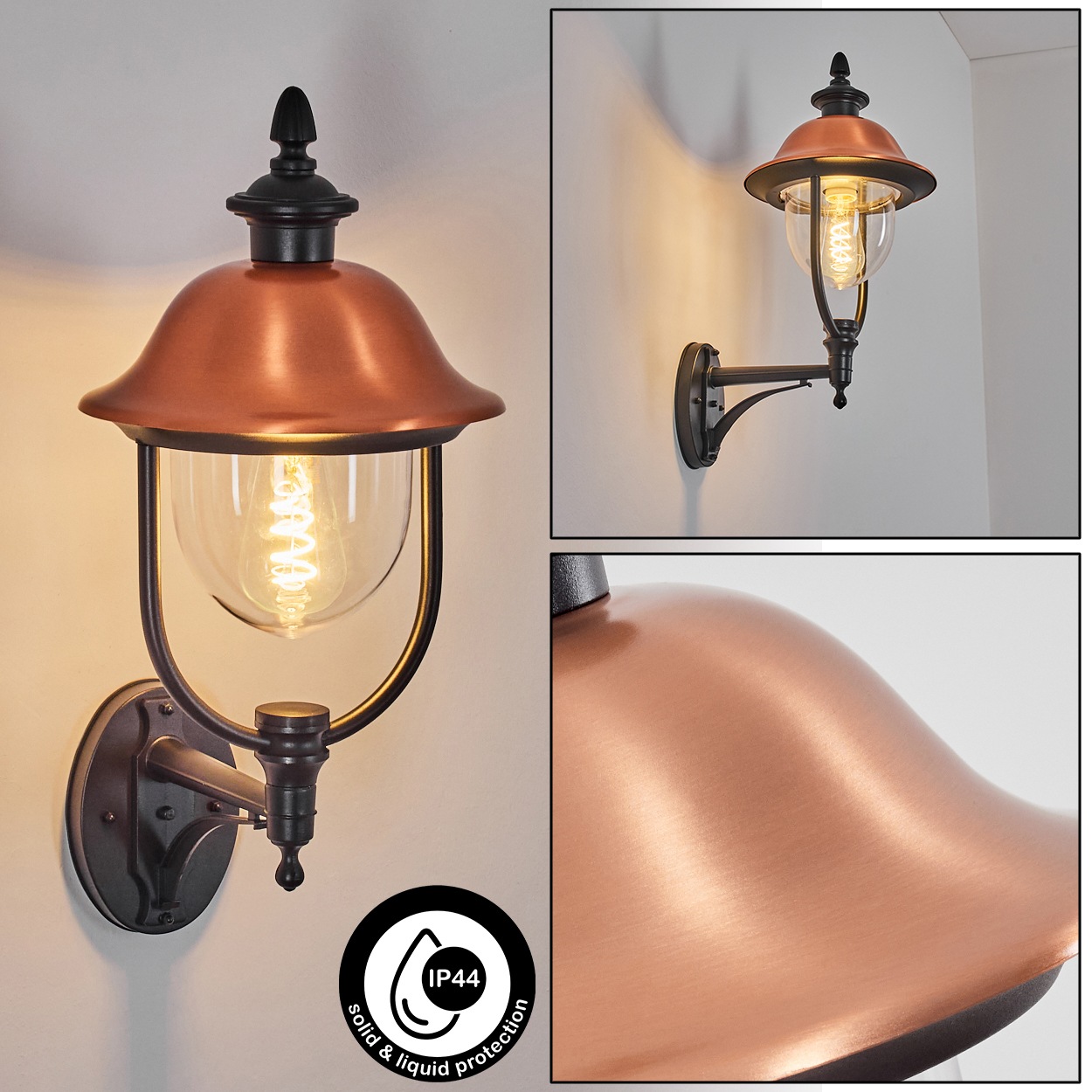 Kupfer- und schwarze Außenwandleuchte. Hat eine Glühbirnenabdeckung und die Lampe ist an der Wand montiert. IP44-Schutz.