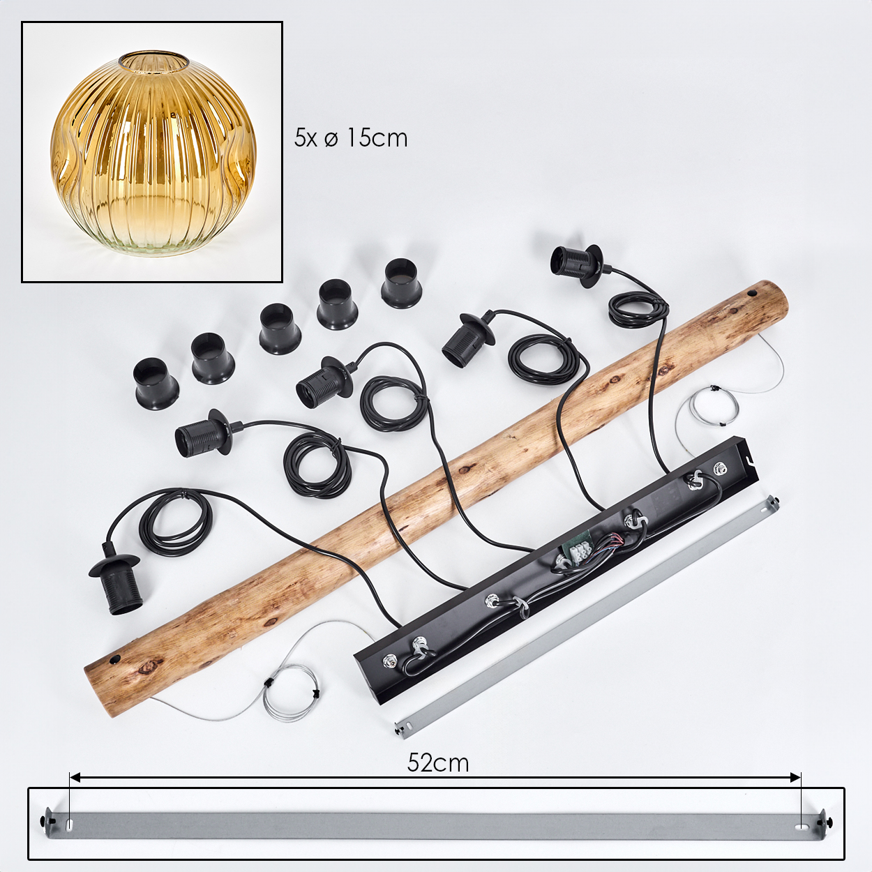 Zerlegte Leuchte. Enthält Holzbalken, schwarze Lampenfassungen, Draht, Glasschirm und Metallhalterung.