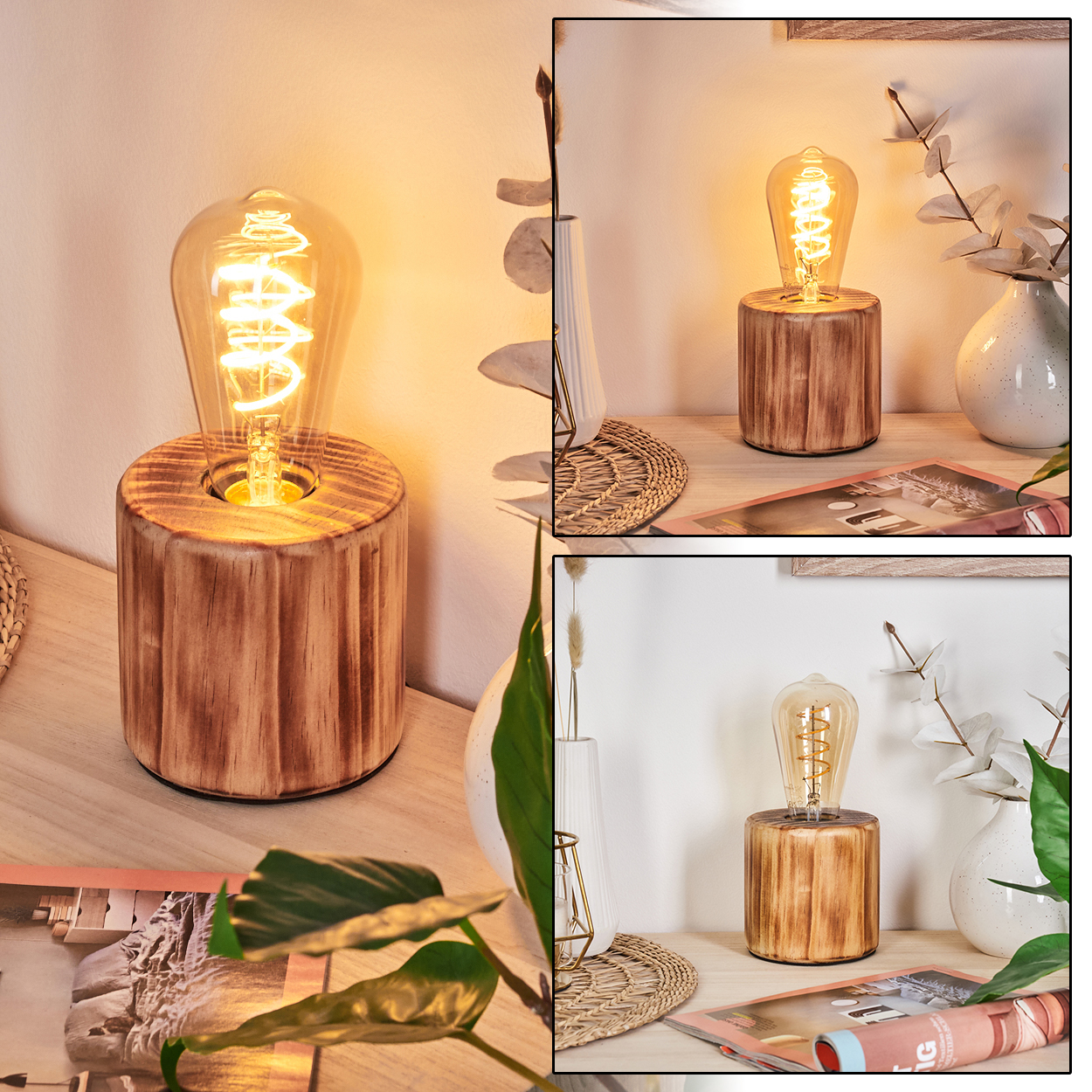Eine beleuchtete Glühbirne sitzt auf einem Holzsockel. Die Szene umfasst Pflanzen, Vasen und eine Zeitschrift.