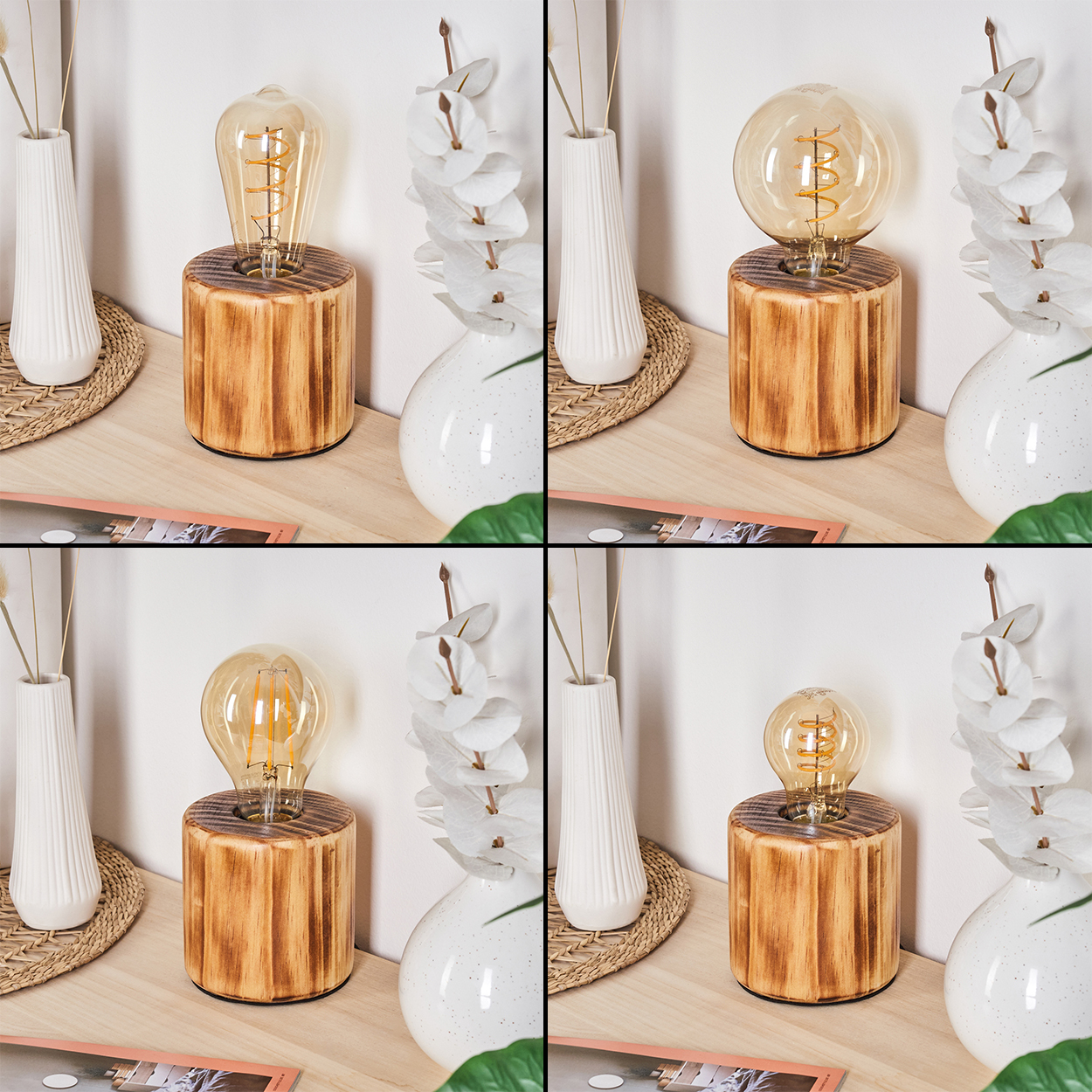 Eine dekorative Holzlampe mit einer Glühbirne steht auf einem Tisch. Auf jeder Seite stehen weiße Vasen mit Blumen.