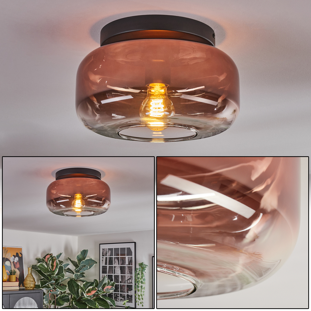 Eine moderne Deckenlampe mit braunem Glasschirm. Sie hat eine sichtbare Glühbirne. Im Hintergrund ist ein Raum mit Pflanzen.