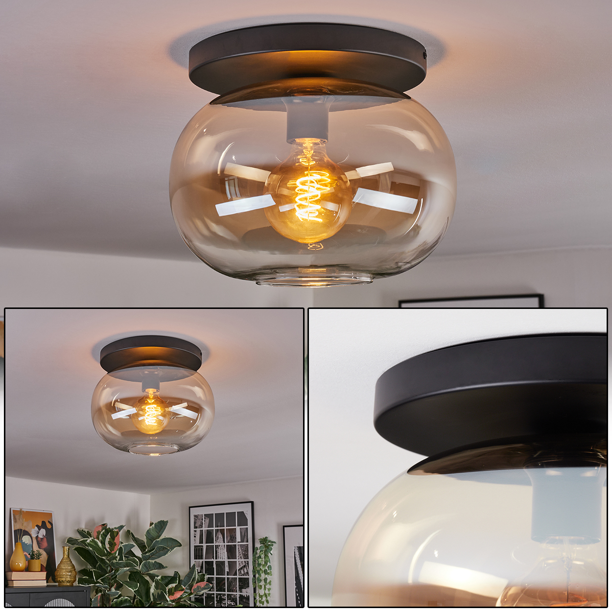Eine moderne Deckenleuchte mit rundem, bernsteinfarbenem Glasschirm und sichtbarer Edison-Glühbirne. Schwarze Leuchte, an weißer Decke.